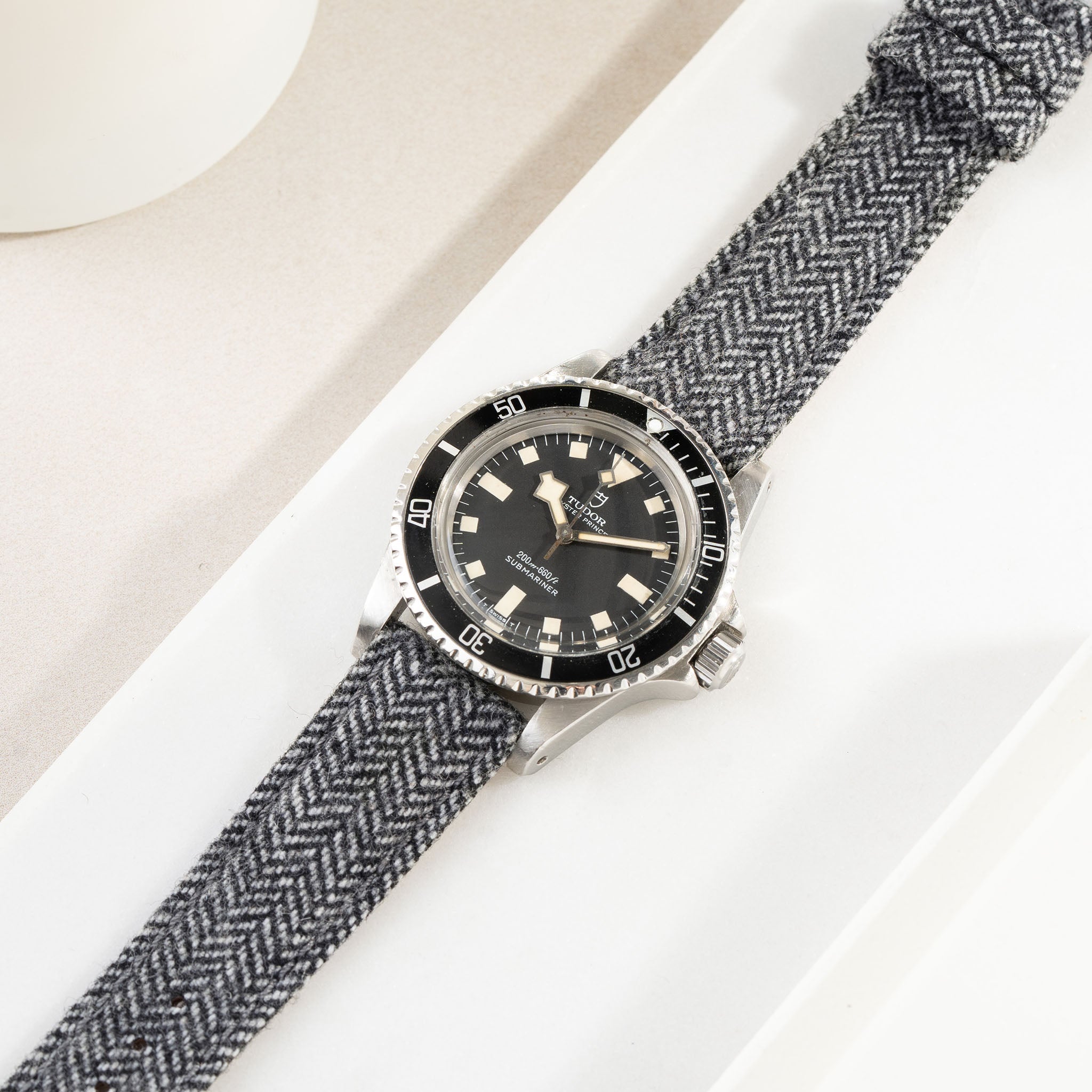 Herringbone Tweed Black Leather Watch Strap
