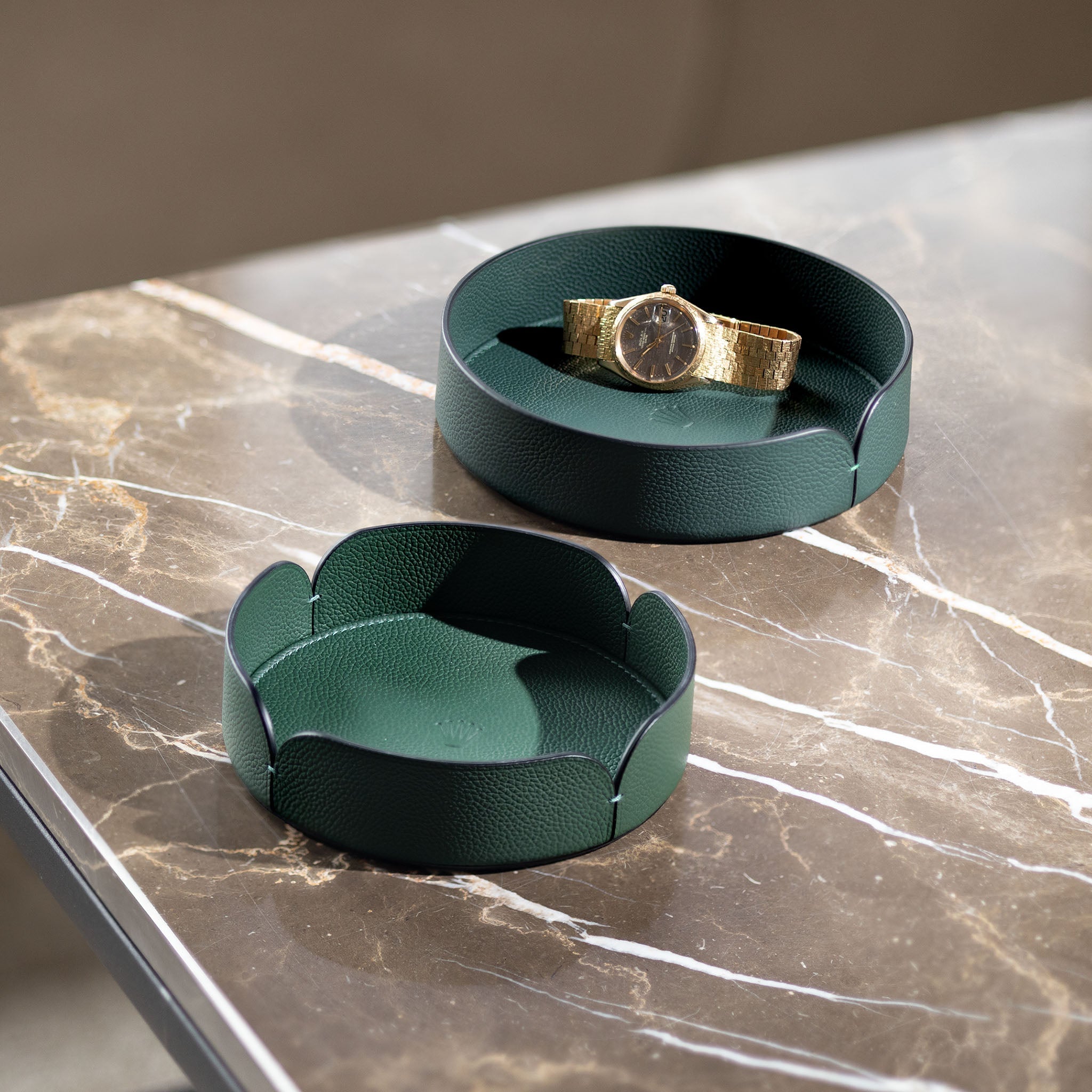 Rolex Set of Two Green Leather Organisers Trays