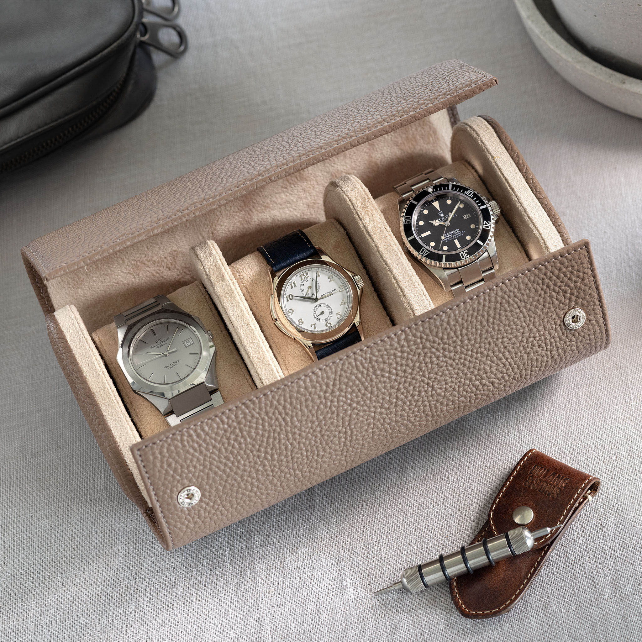 Modular Leder Uhrenrolle Taupe Trio