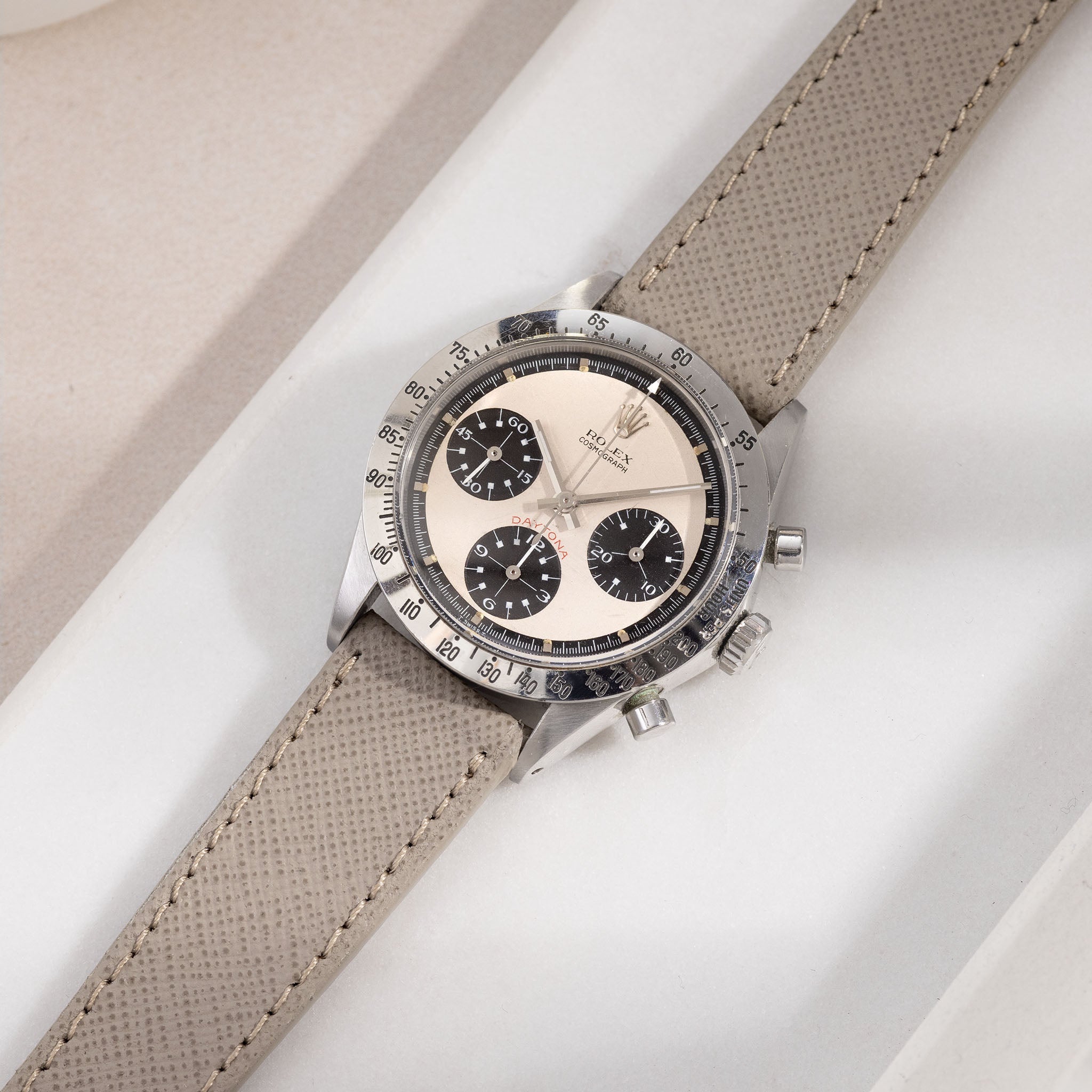 Saffiano Taupe Leather Watch Strap on a Rolex 6262 Exotic Dial Daytona