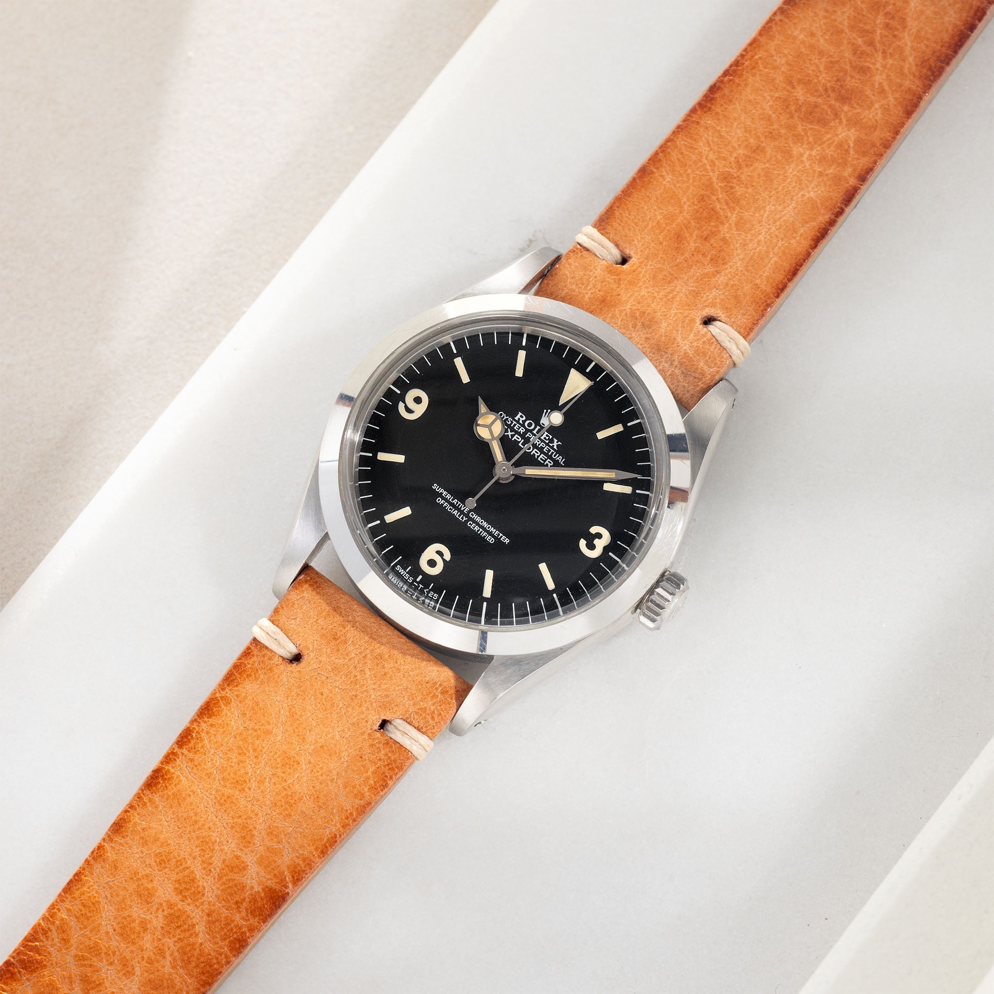 Natural Grain Caramel Brown Leather Watch Strap on Rolex 1016 Explorer