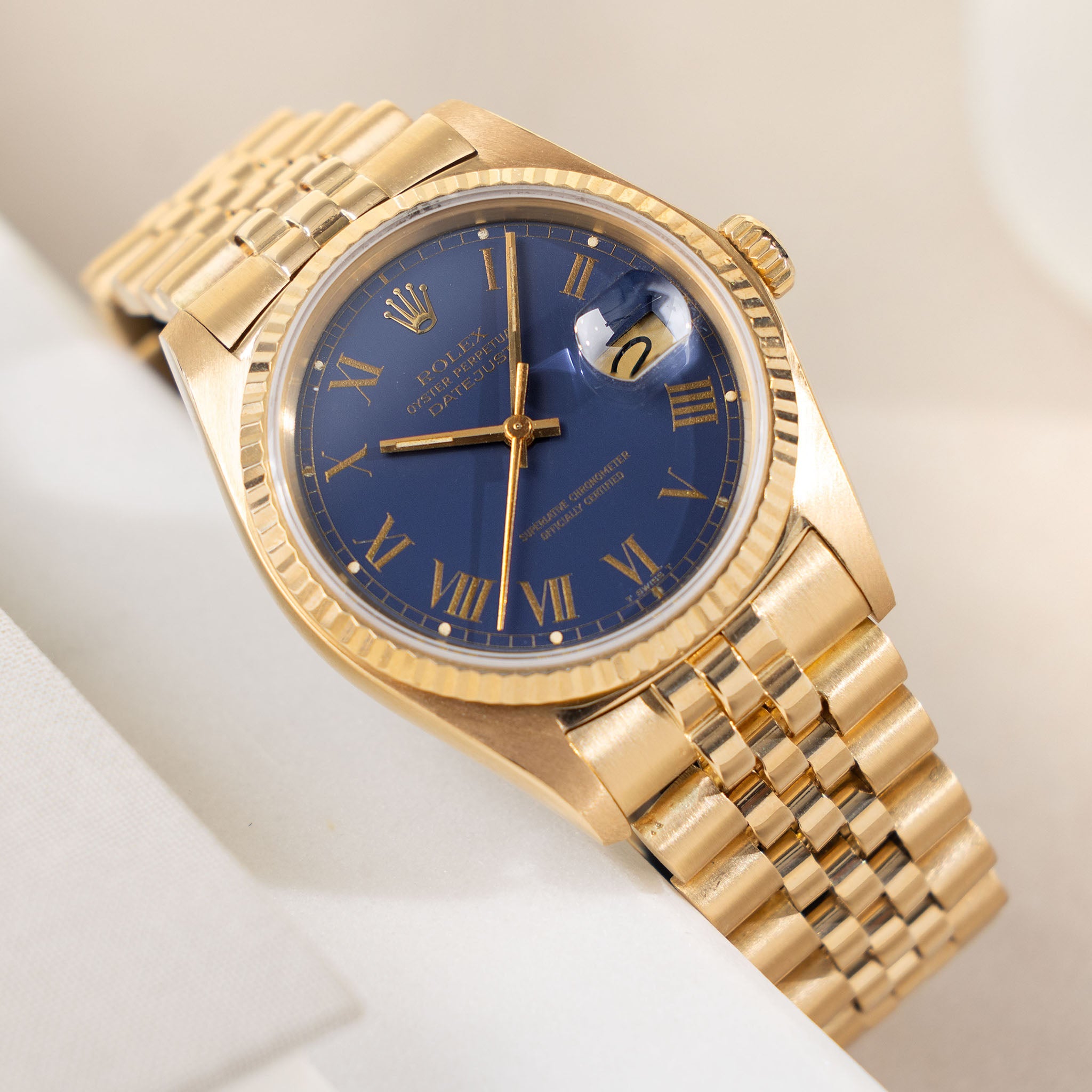 Rolex Datejust Yellow Gold Blue Buckley Dial Ref 16018