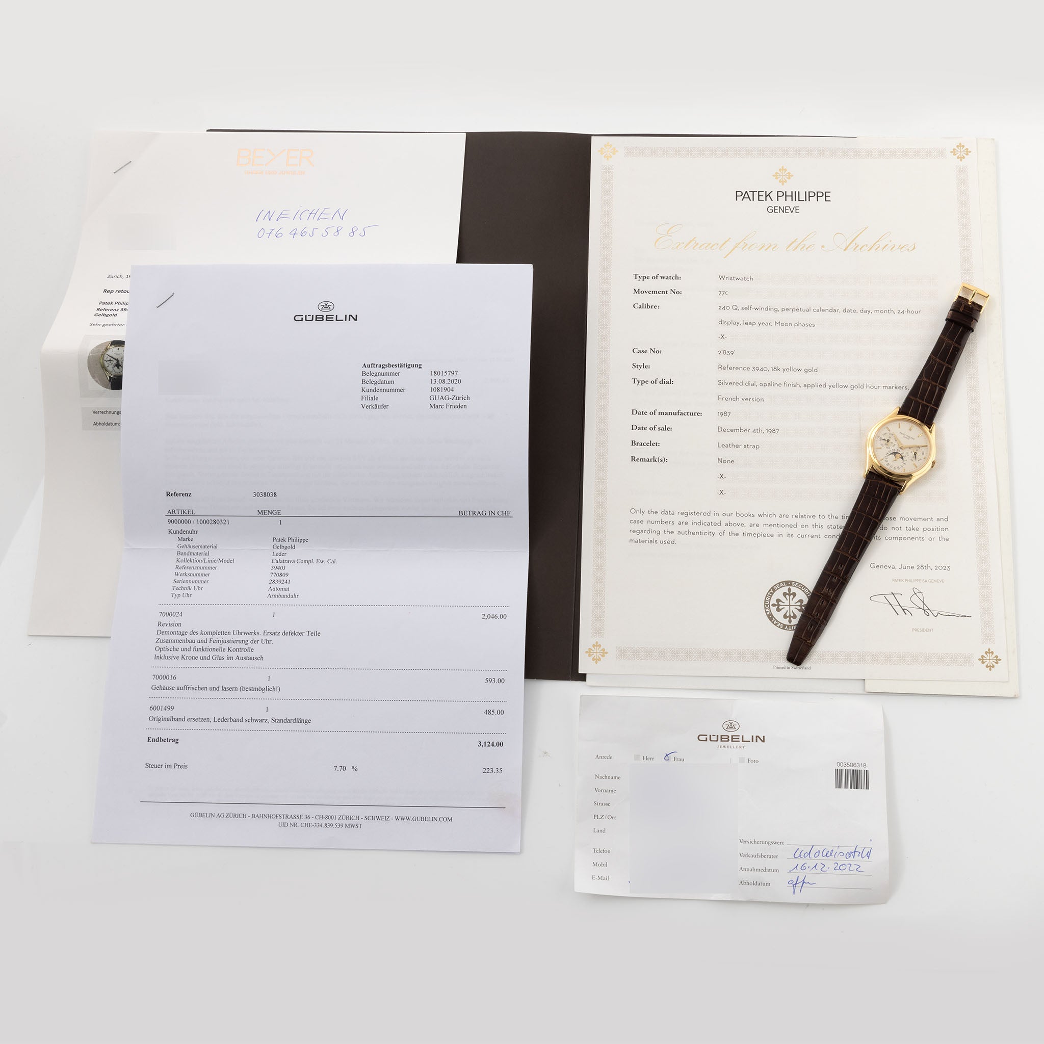 Patek Philippe ewiger Kalender 3940J seltene frühe zweite Serie mit Archivauszug und Patek-Service