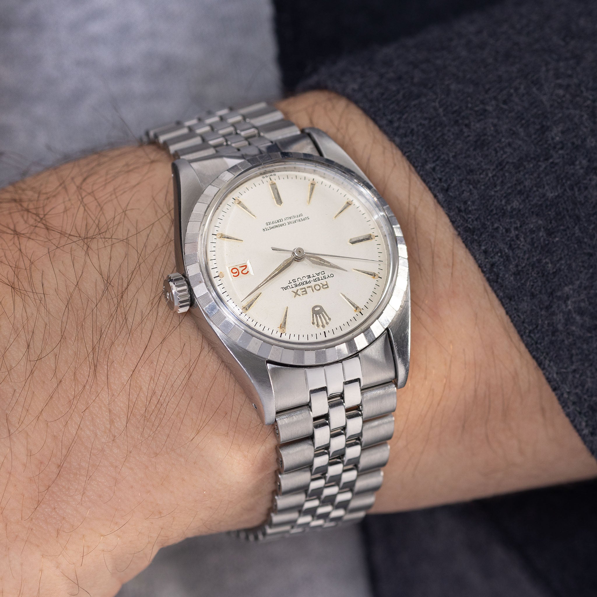 Rolex Datejust 6605 Silbernes Zifferblatt mit "Engine Turned" Lünette