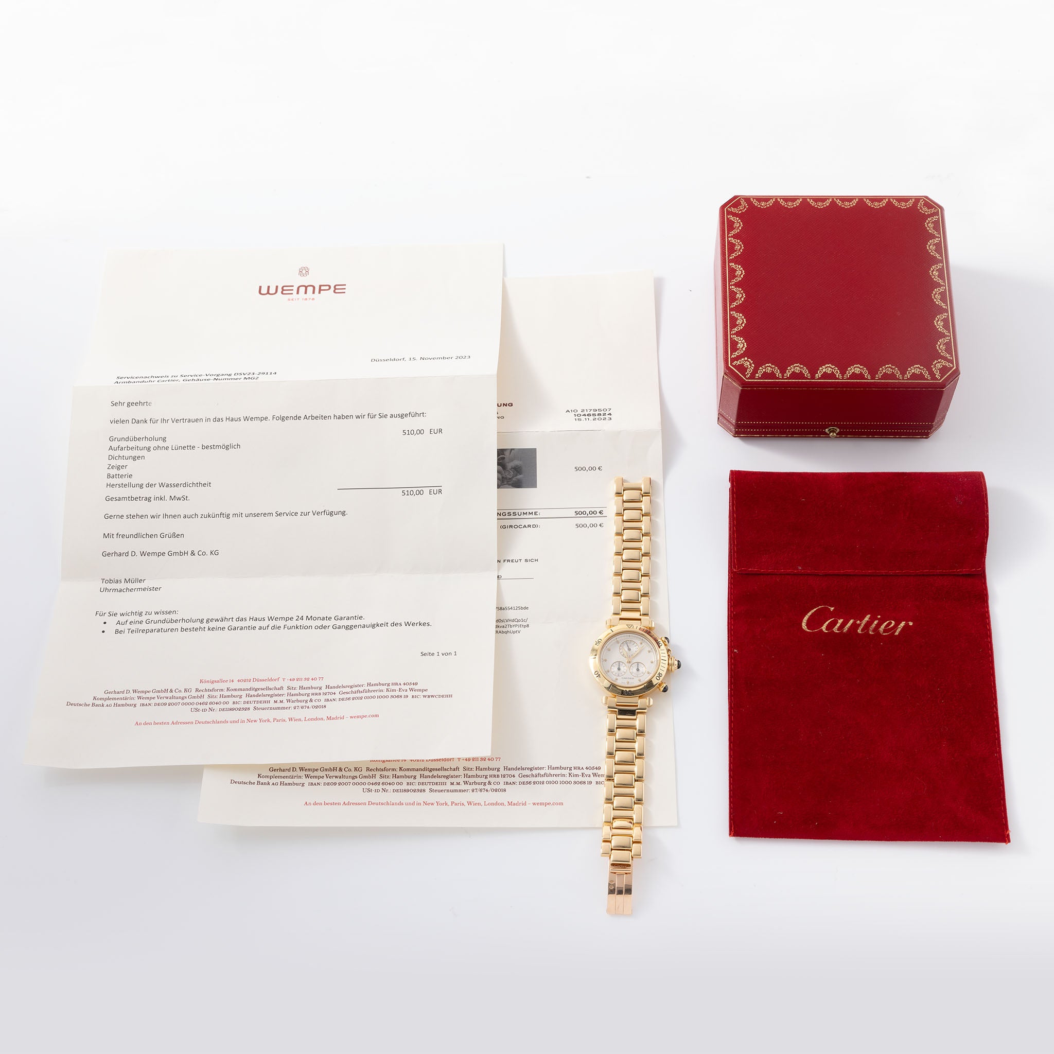 Cartier Pasha Chronograph Referenz 1353 1 18 Karat Gelbgold Box und Service Rechnung