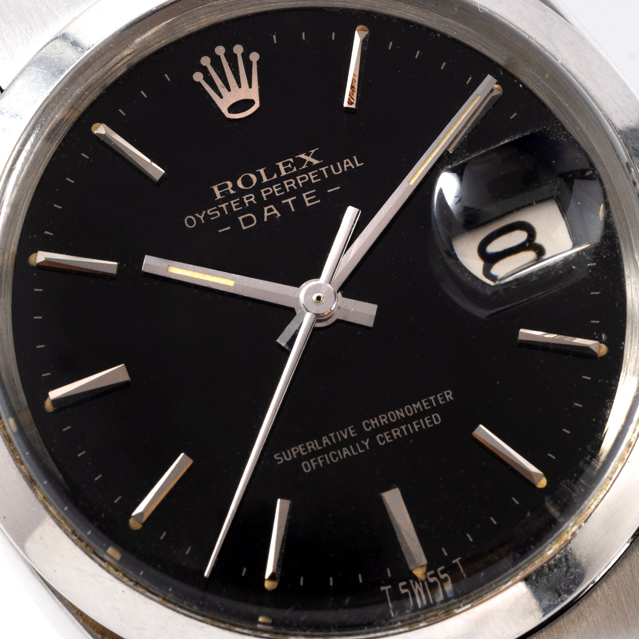 Rolex Oyster Perpetual Date Schwarzes Zifferblatt mit silbernem Aufdruck "Upside Down" Referenz 1500