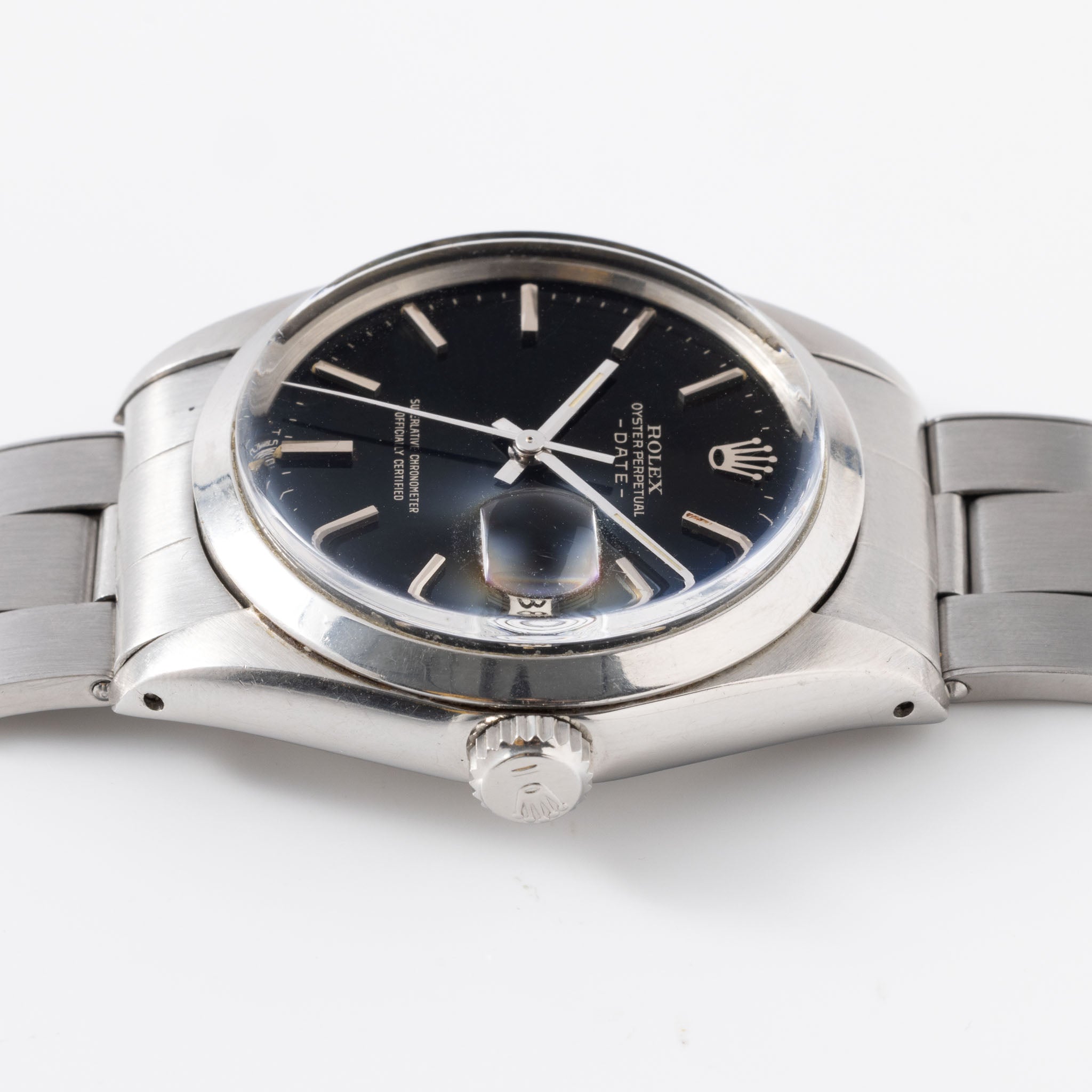 Rolex Oyster Perpetual Date Schwarzes Zifferblatt mit silbernem Aufdruck "Upside Down" Referenz 1500