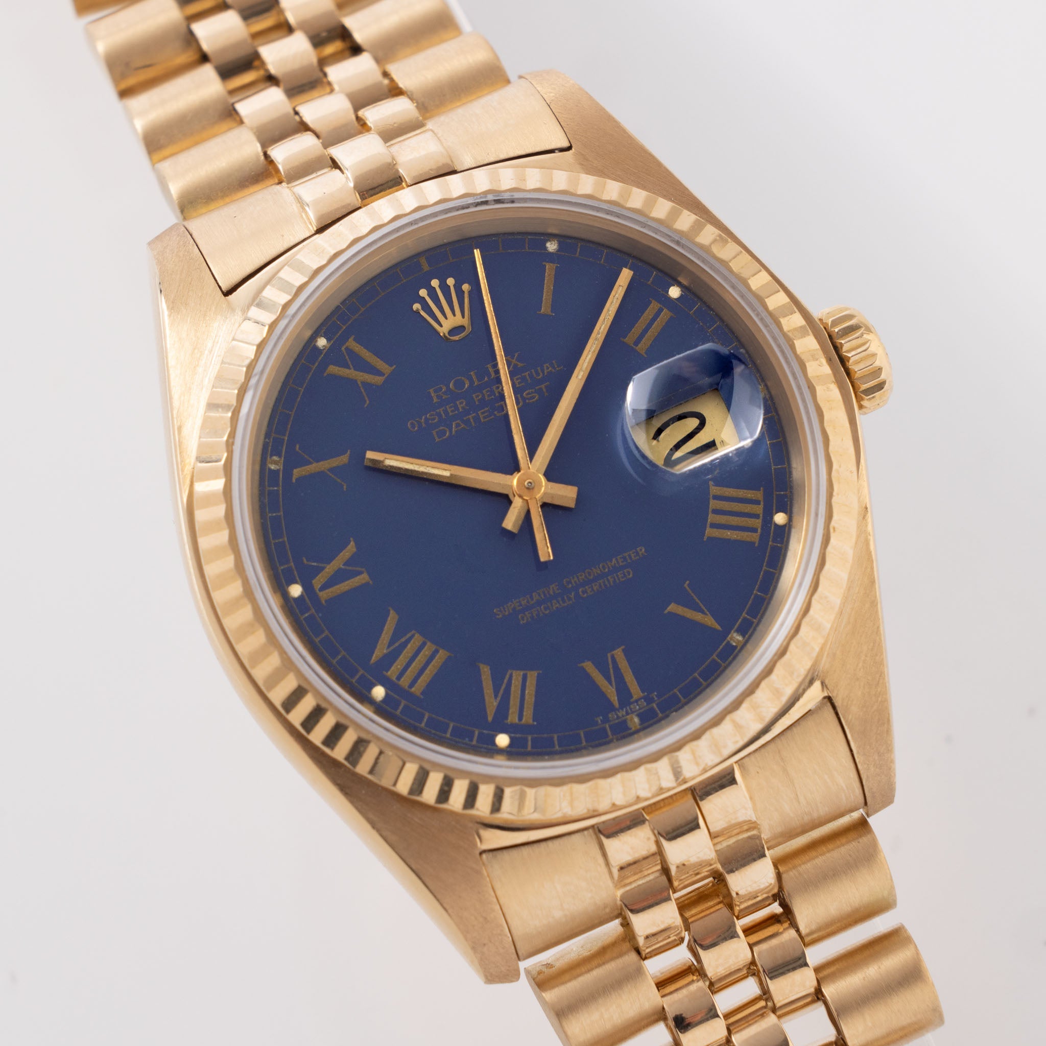 Rolex Datejust Yellow Gold Blue Buckley Dial Ref 16018
