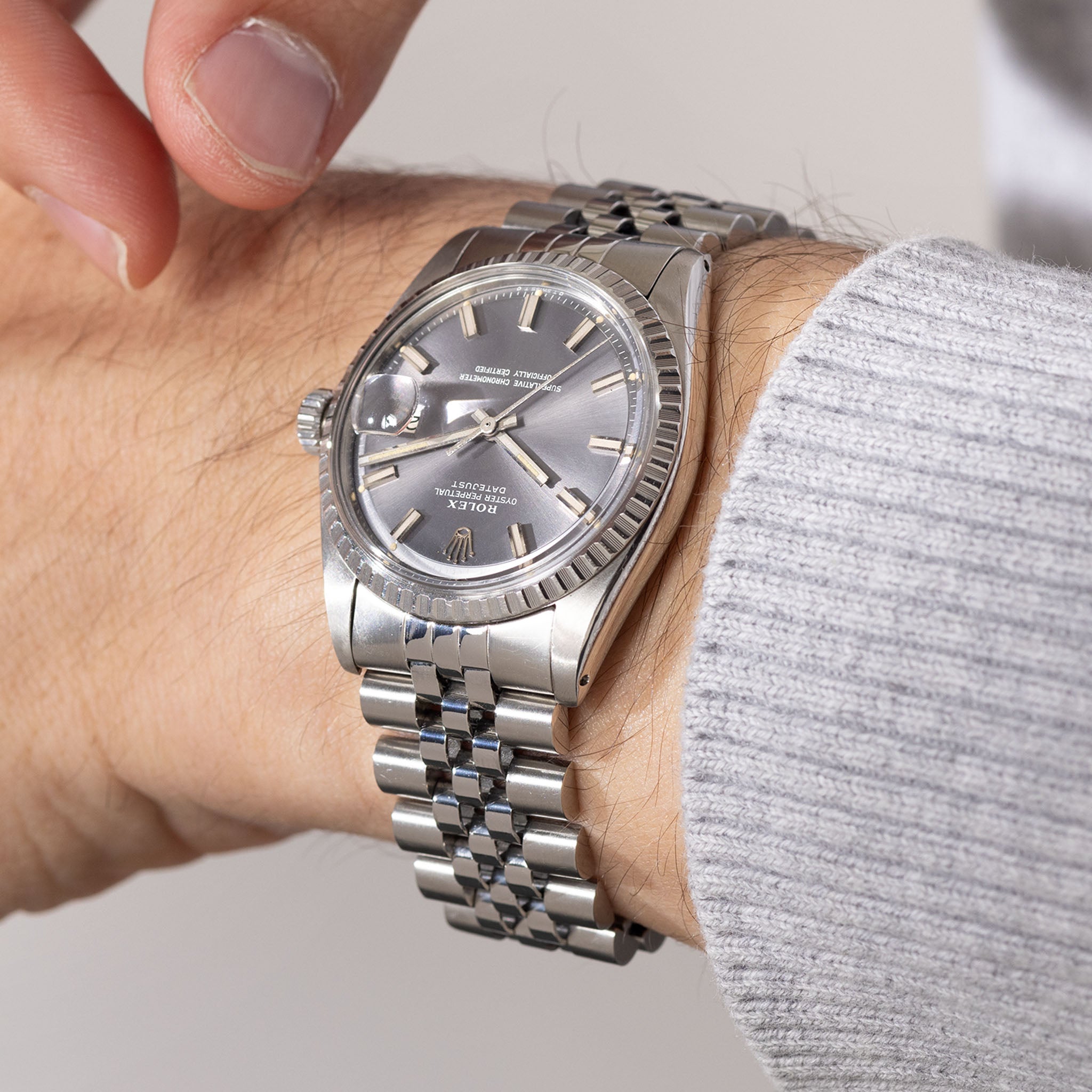 Rolex Datejust 1603 mit Grauem Soleil Wide Boy Sigma Zifferblatt