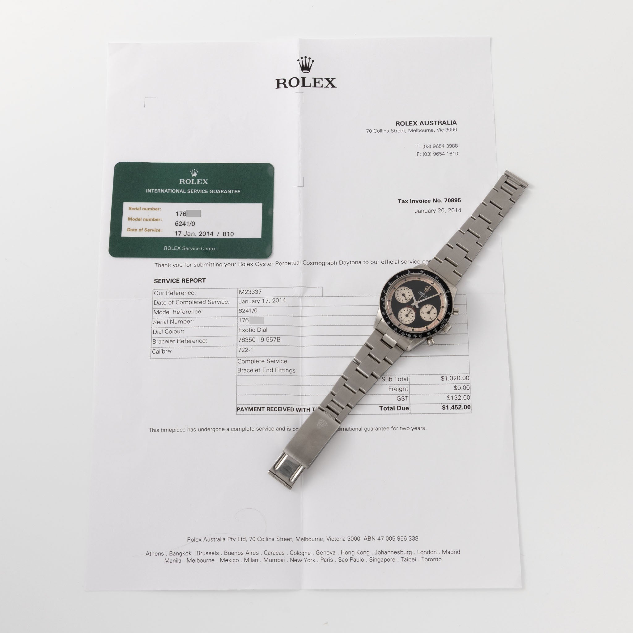 Rolex Cosmograph Daytona 6241 Black Tri-Color Exotic Dial dial with Rolex service papers