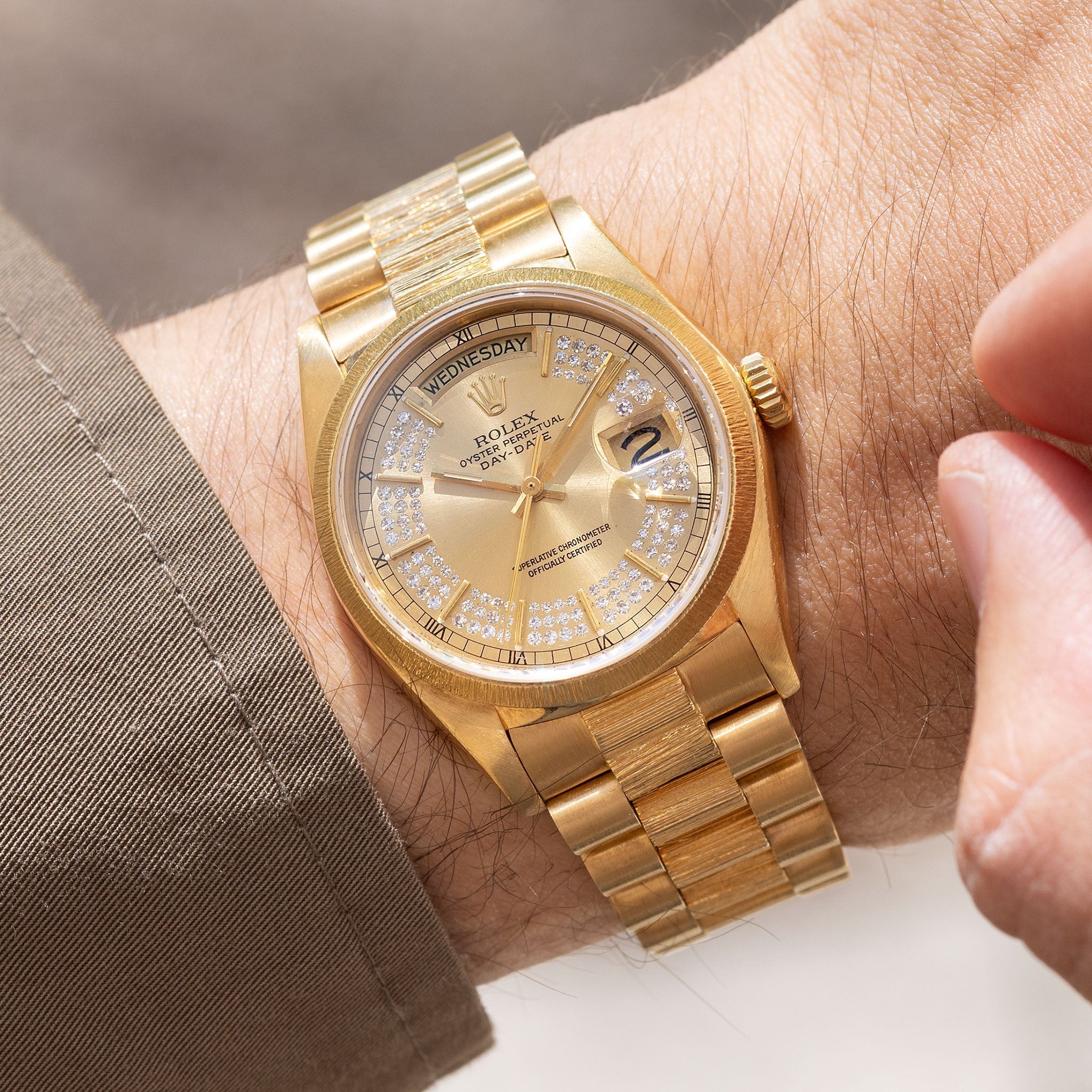Rolex Day-Date Ref. 18078 Champagne String Diamond Dial with Bark Finish in 18k Yellow Gold