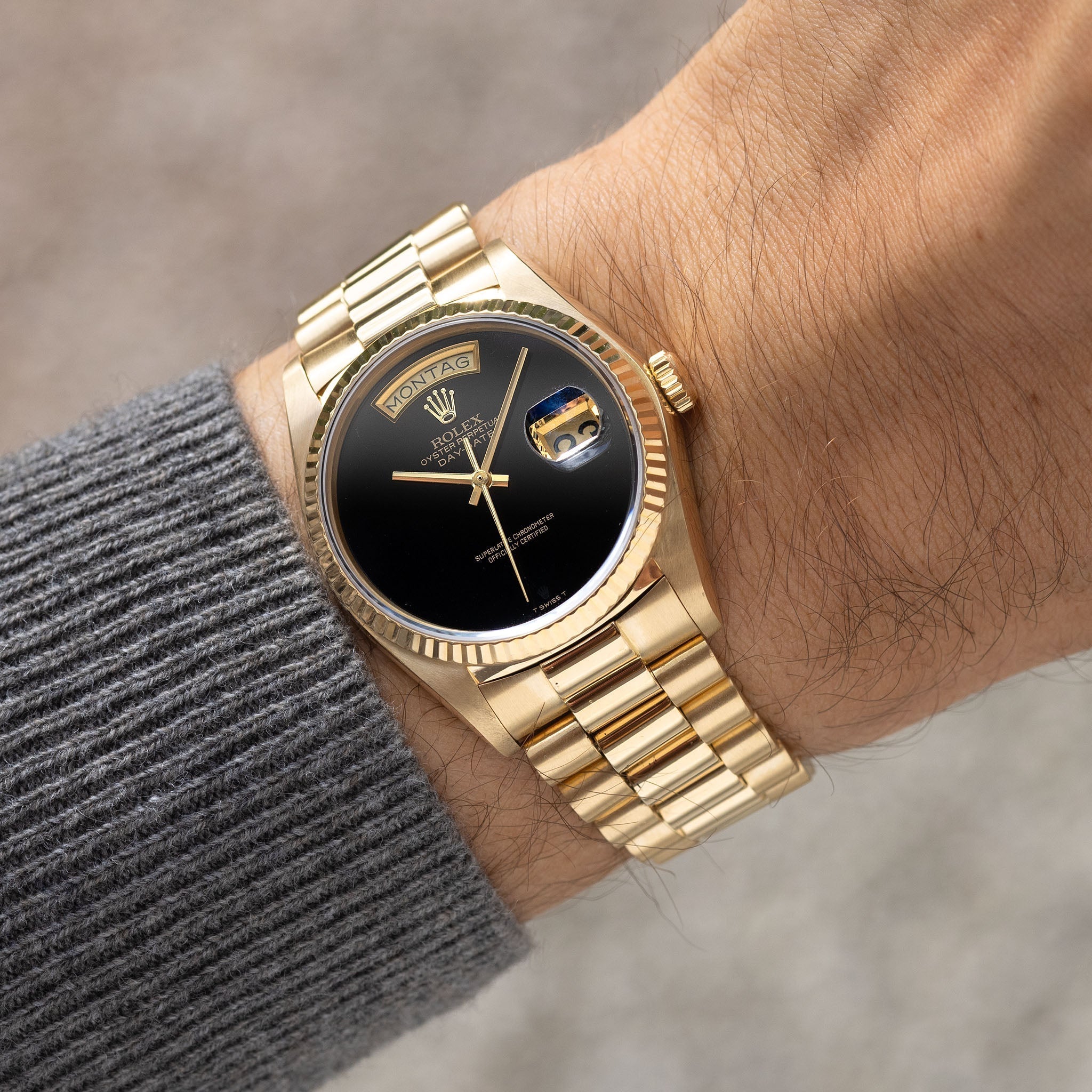 Rolex Day-Date Onyx T Swiss T Dial ref. 18038 in 18k Yellow Gold