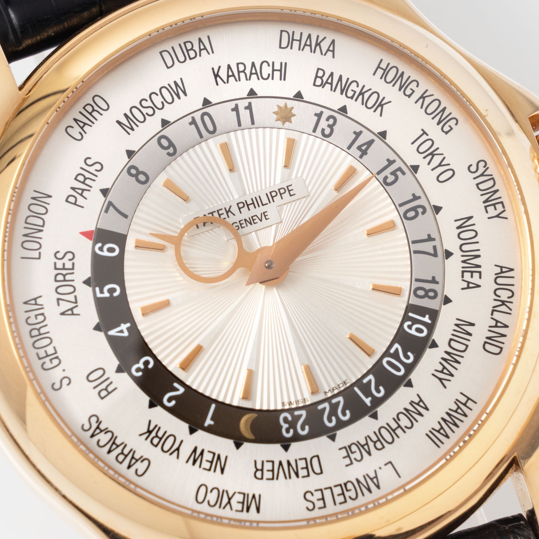 Patek Philippe World Time ref 5130R Guilloché Dial in 18k Rose Gold with Box and Papers