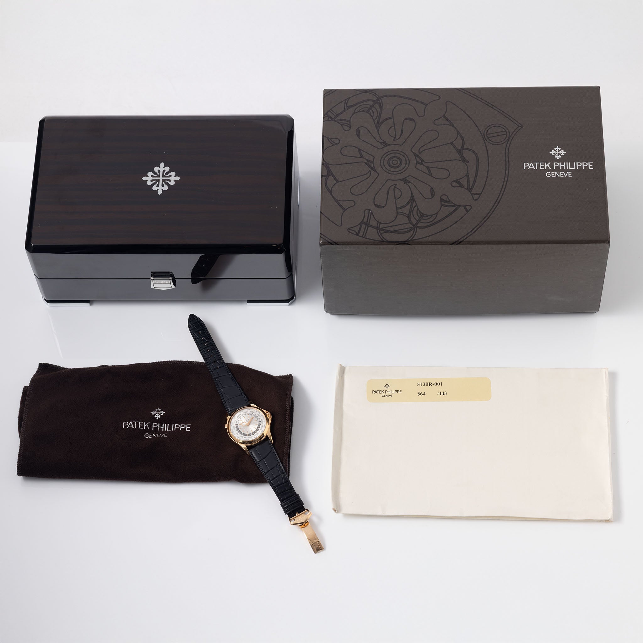 Patek Philippe World Time ref 5130R Guilloché Dial in 18k Rose Gold with Box and Papers