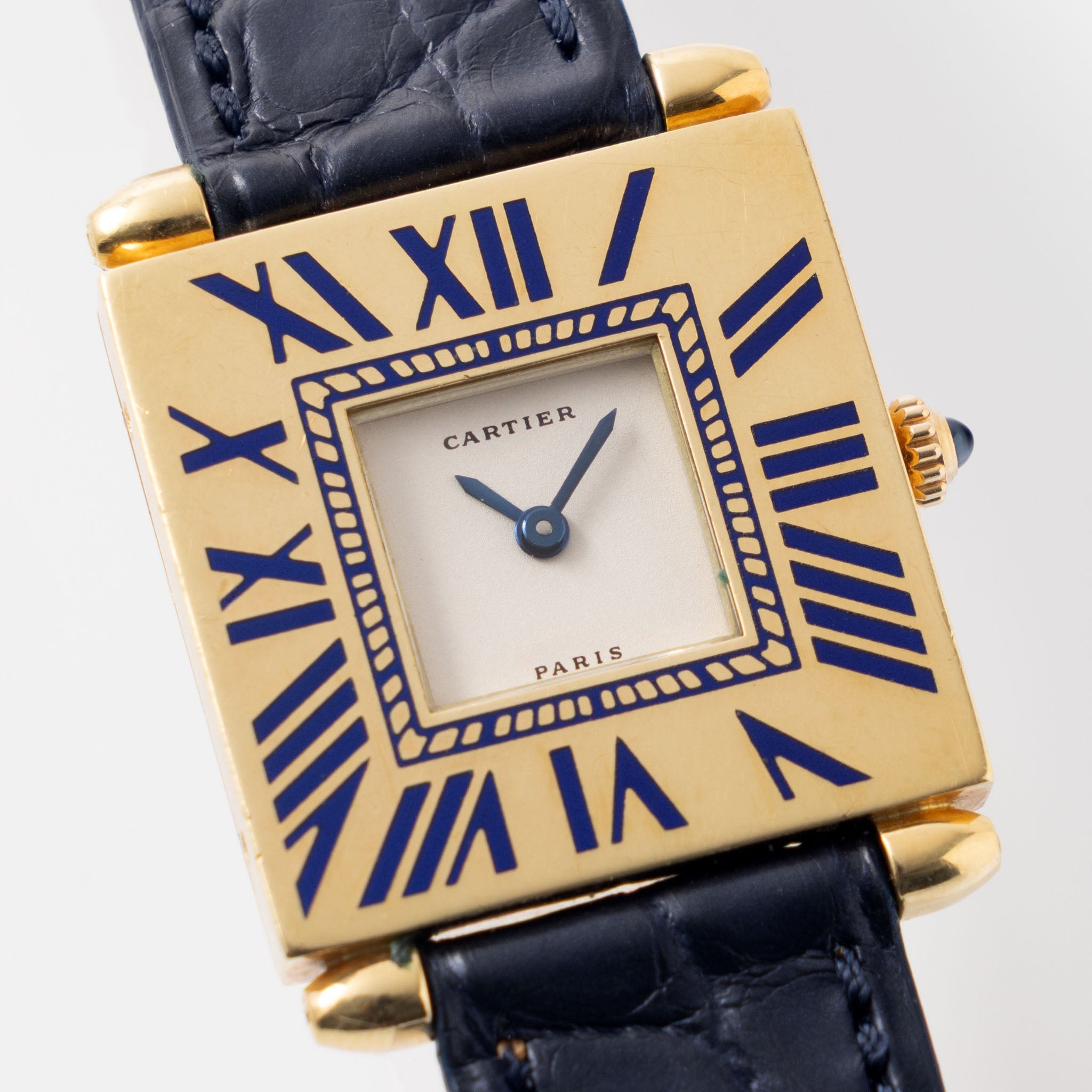 Cartier Obus Paris dial in 18 k yellow gold Blue enamel numerals