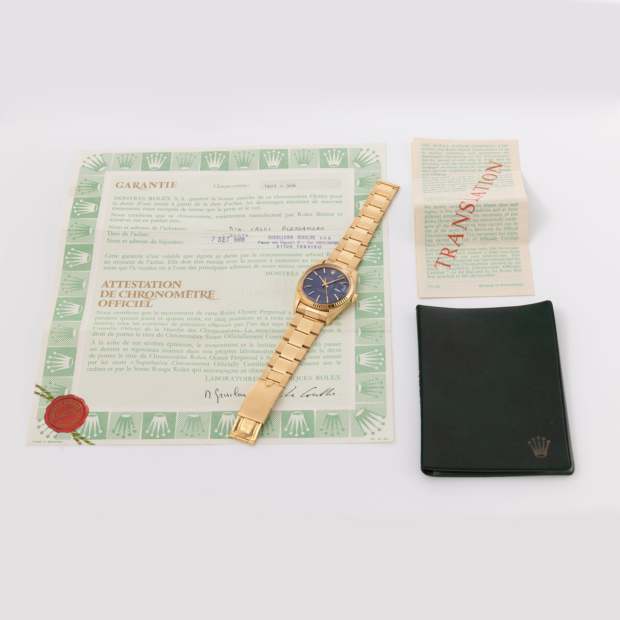 Rolex Datejust 1601/8 Blue Soleil Dial in 18k Yellow Gold with Original Papers