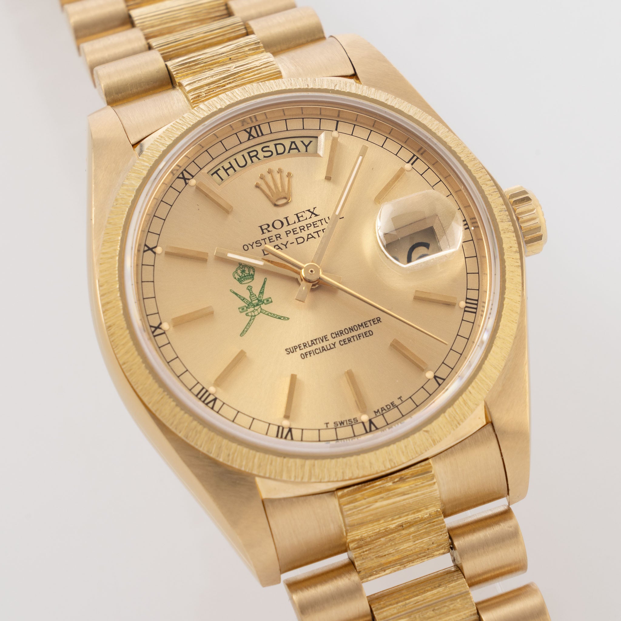 Rolex Day-Date 18078 Green Khanjar Champagne Dial Bark Finish in 18k Yellow Gold