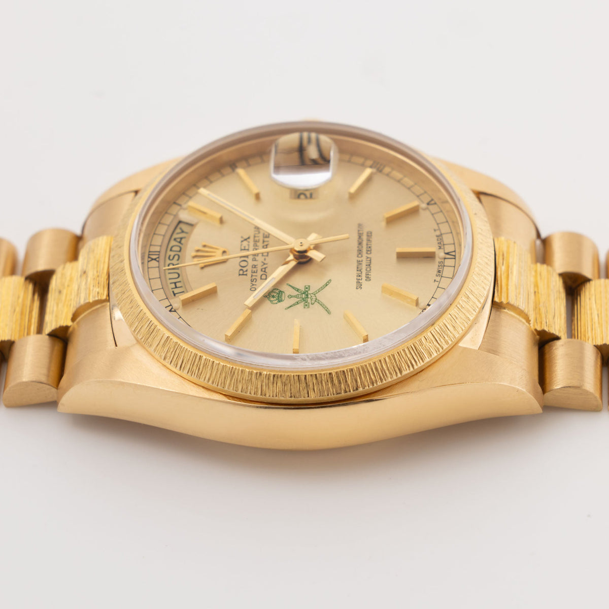 Rolex Day-Date 18078 Green Khanjar Champagne Dial Bark Finish in 18k Yellow Gold