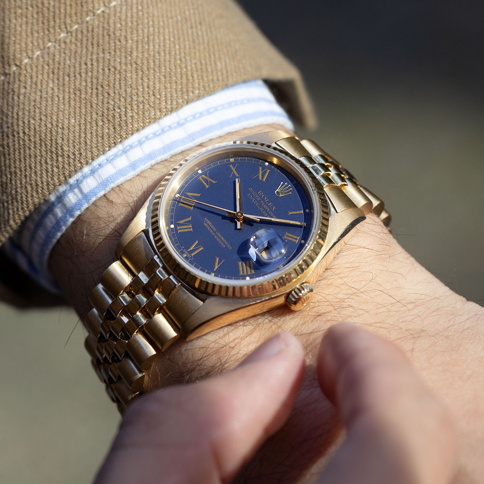 Rolex Datejust Yellow Gold Blue Buckley Dial Ref 16018