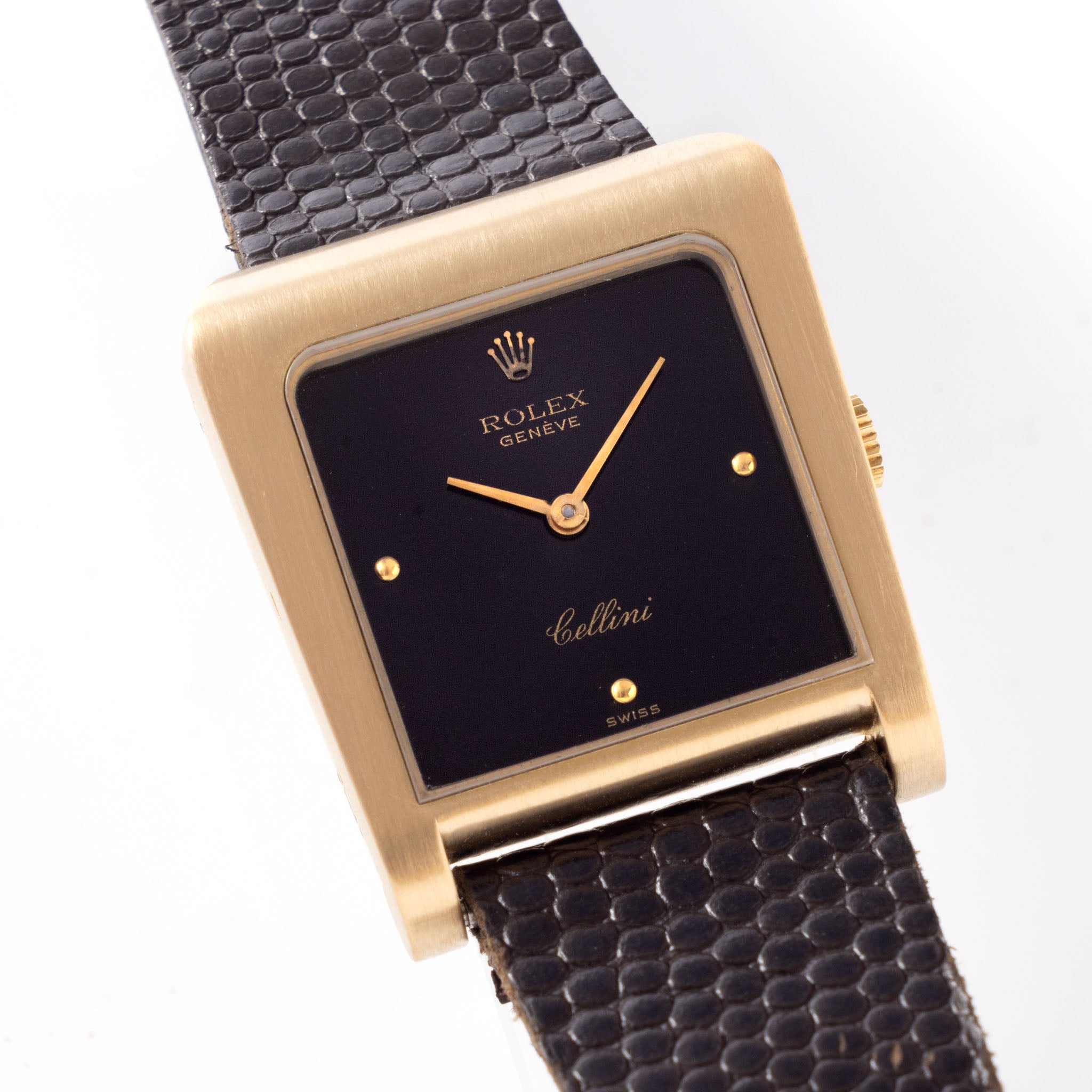 Rolex Cellini Trapzoid Referenz 4100 mit schwarzem Zifferblatt in 18 Karat Gelbgold