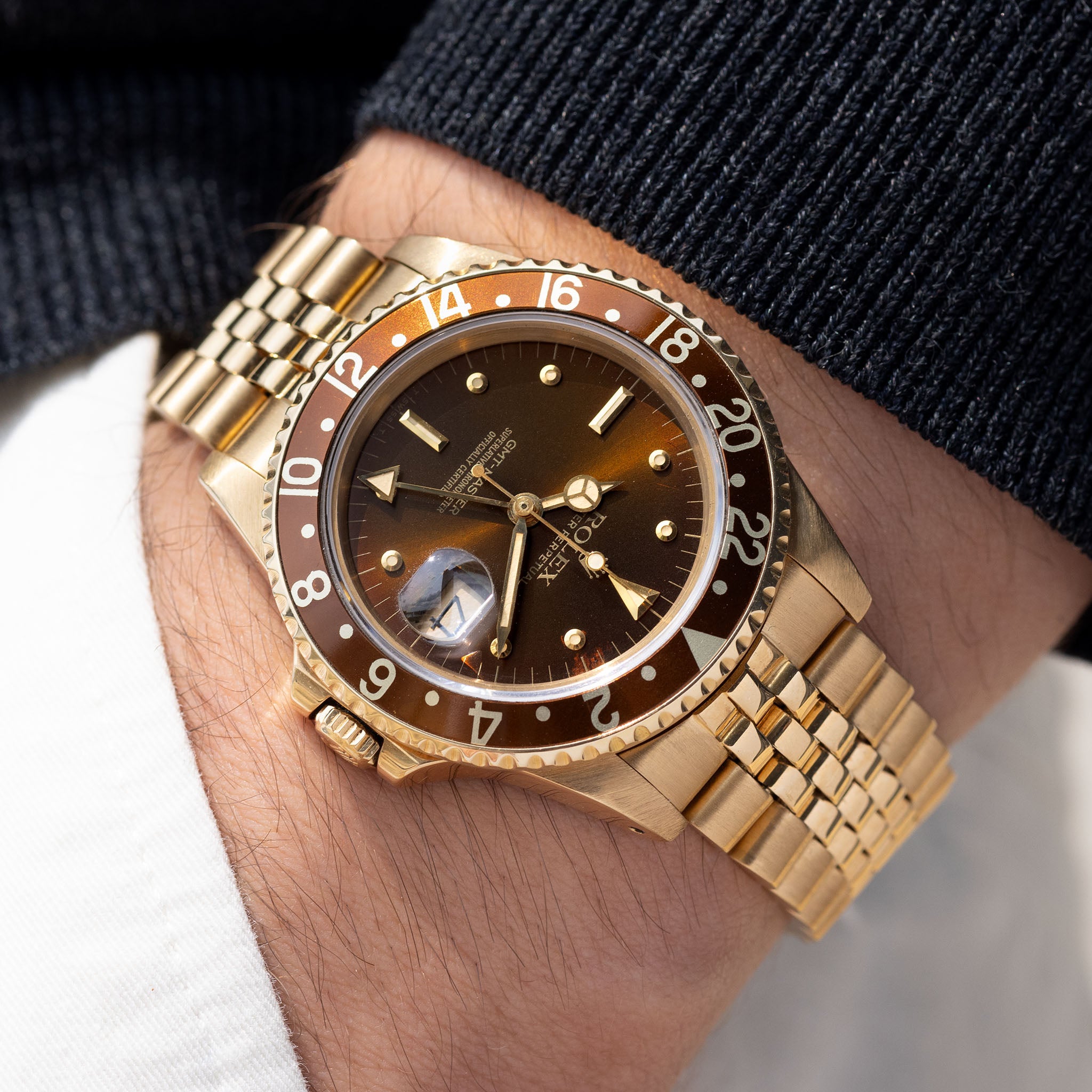 Rolex GMT-master 16758 18k Gelbgold braunes Nippel Zifferblatt mit Papiere