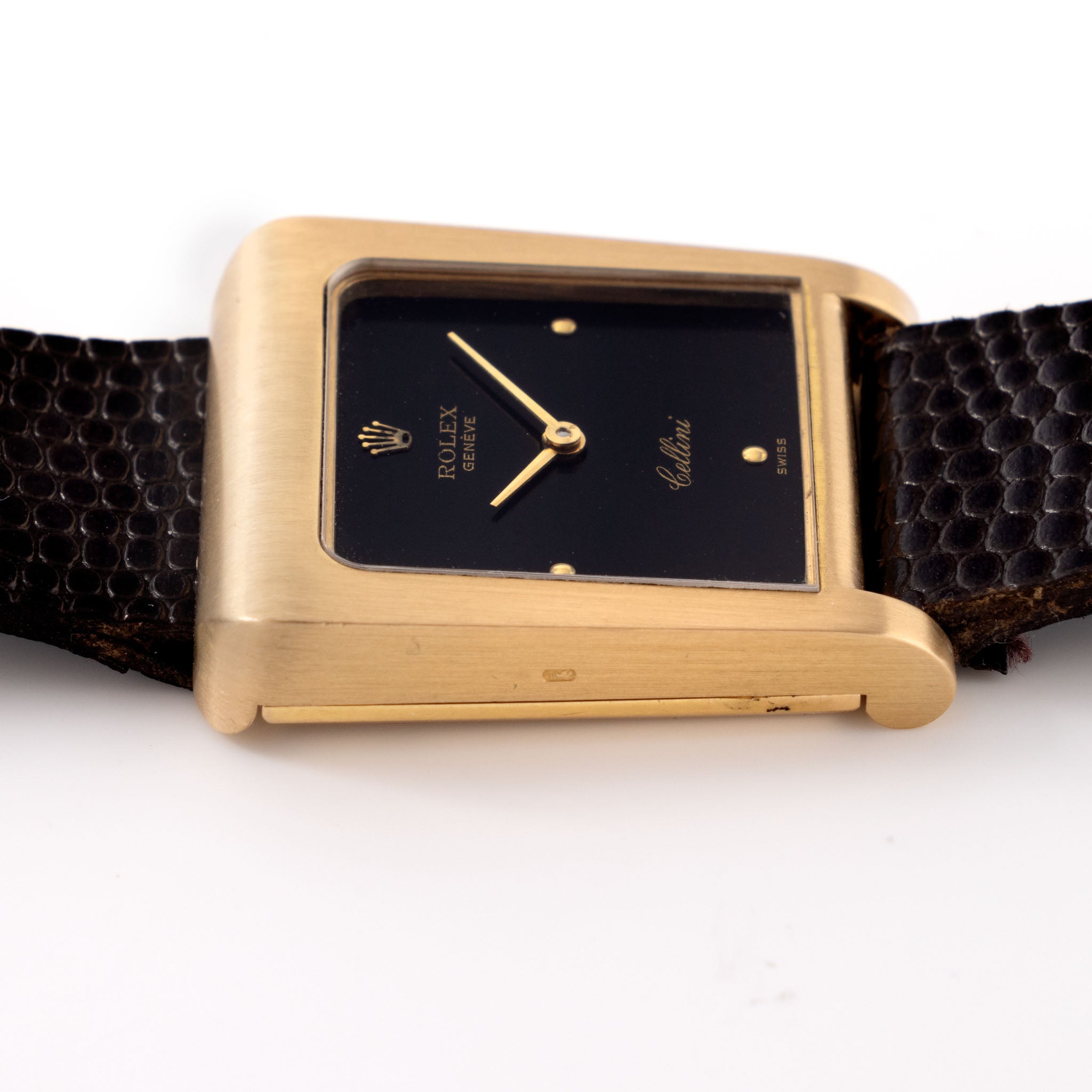 Rolex Cellini Trapzoid Referenz 4100 mit schwarzem Zifferblatt in 18 Karat Gelbgold