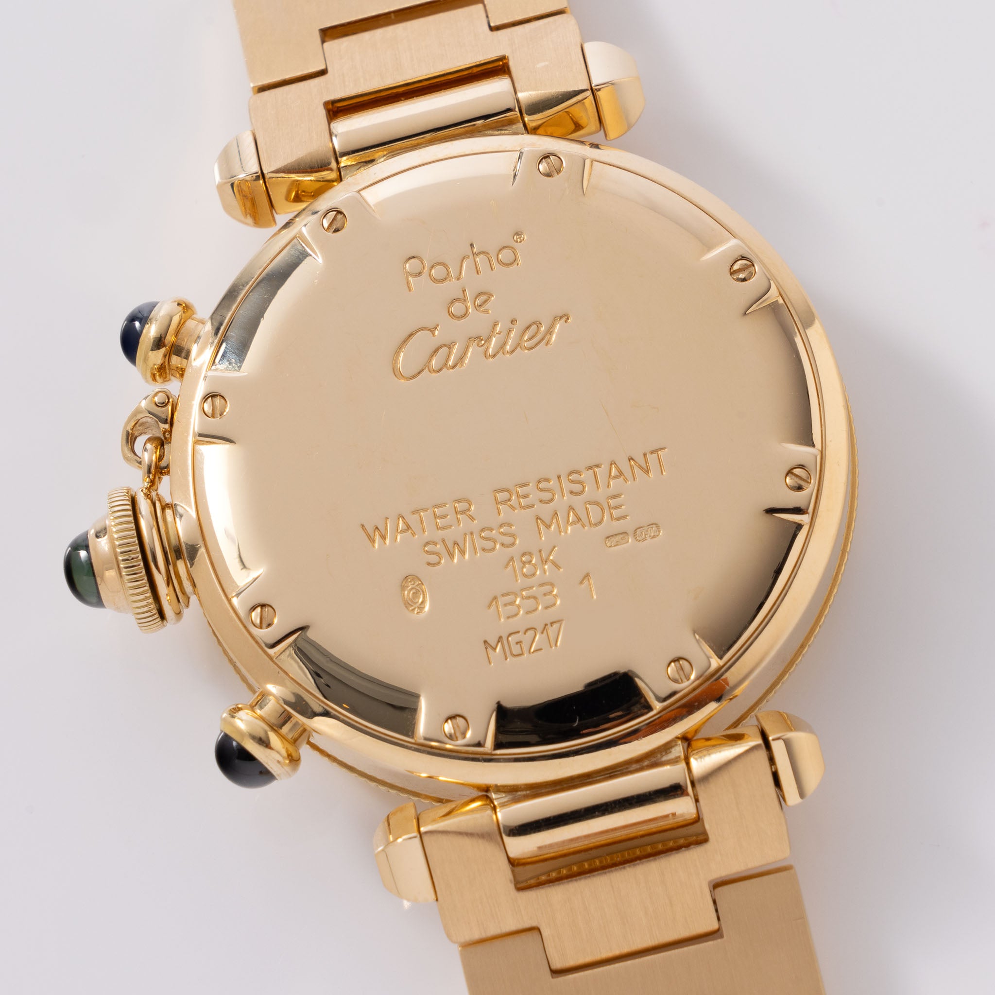 Cartier Pasha Chronograph Referenz 1353 1 18 Karat Gelbgold Box und Service Rechnung
