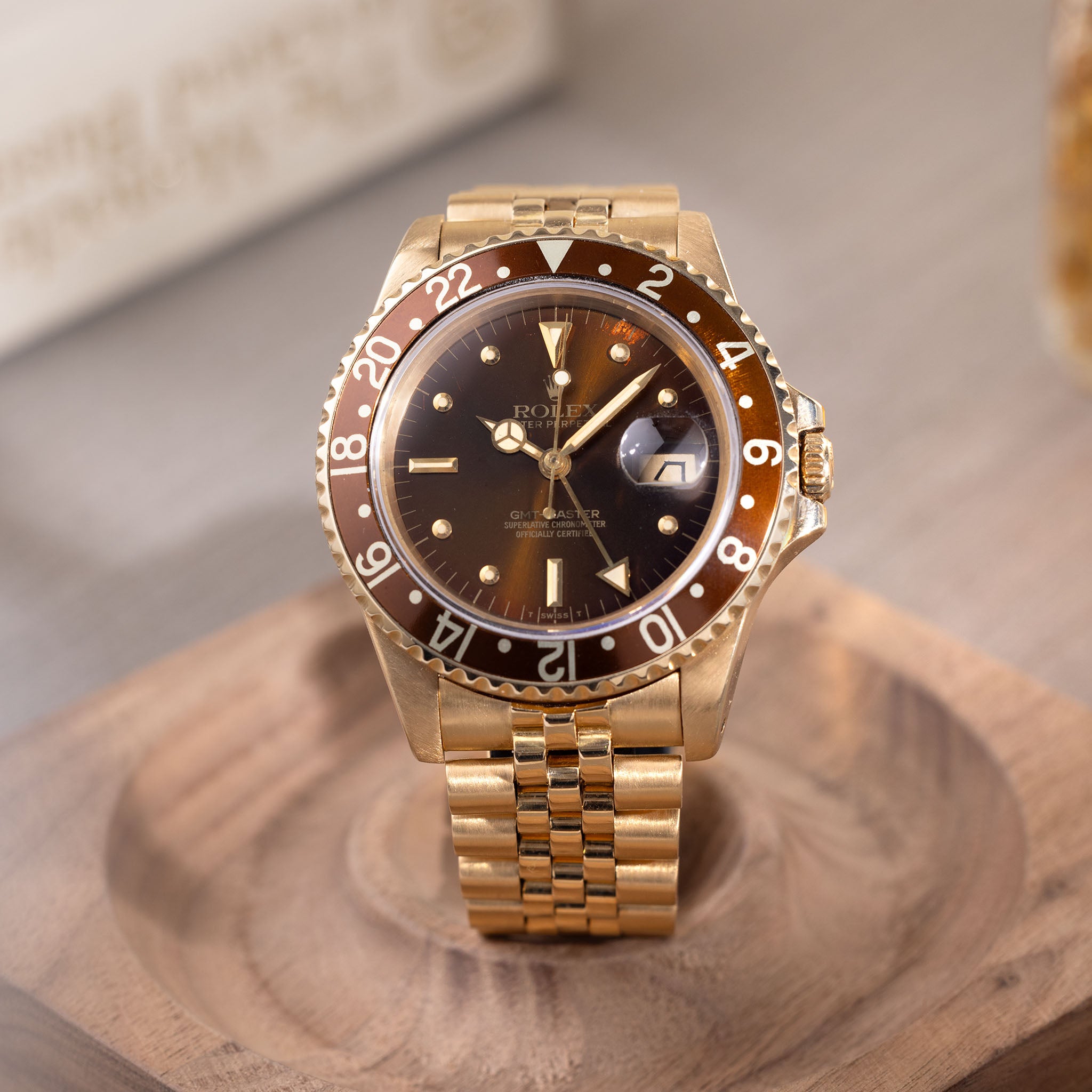 Rolex GMT-master 16758 18k Gelbgold braunes Nippel Zifferblatt mit Papiere
