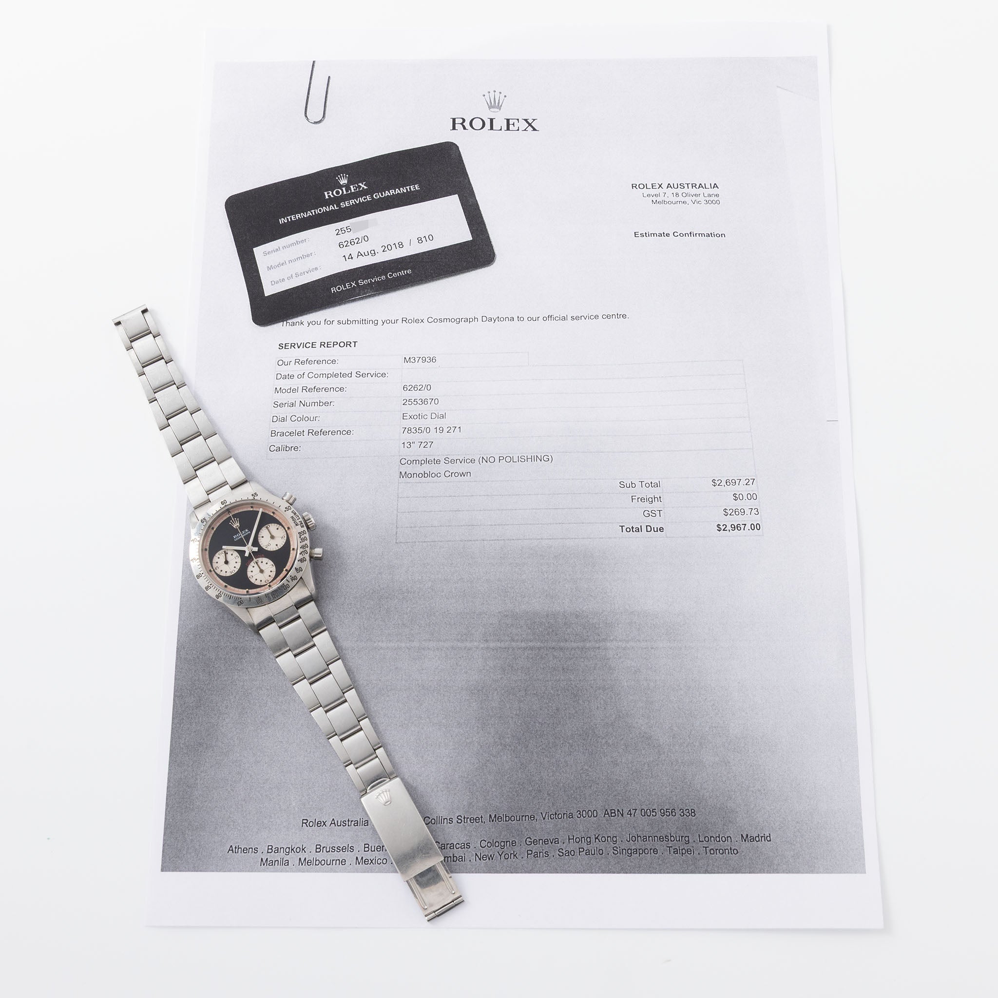 Rolex Cosmograph Daytona 6262 Black Tri-Color Exotic Dial dial with Rolex service paper