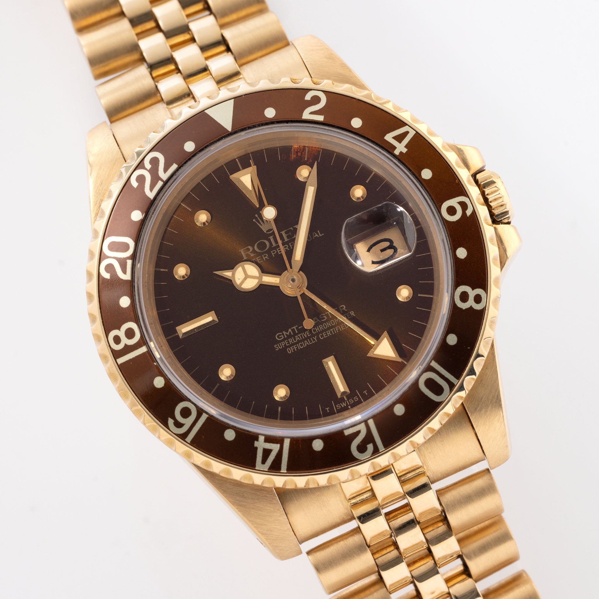 Rolex GMT-master 16758 18k Gelbgold braunes Nippel Zifferblatt mit Papiere