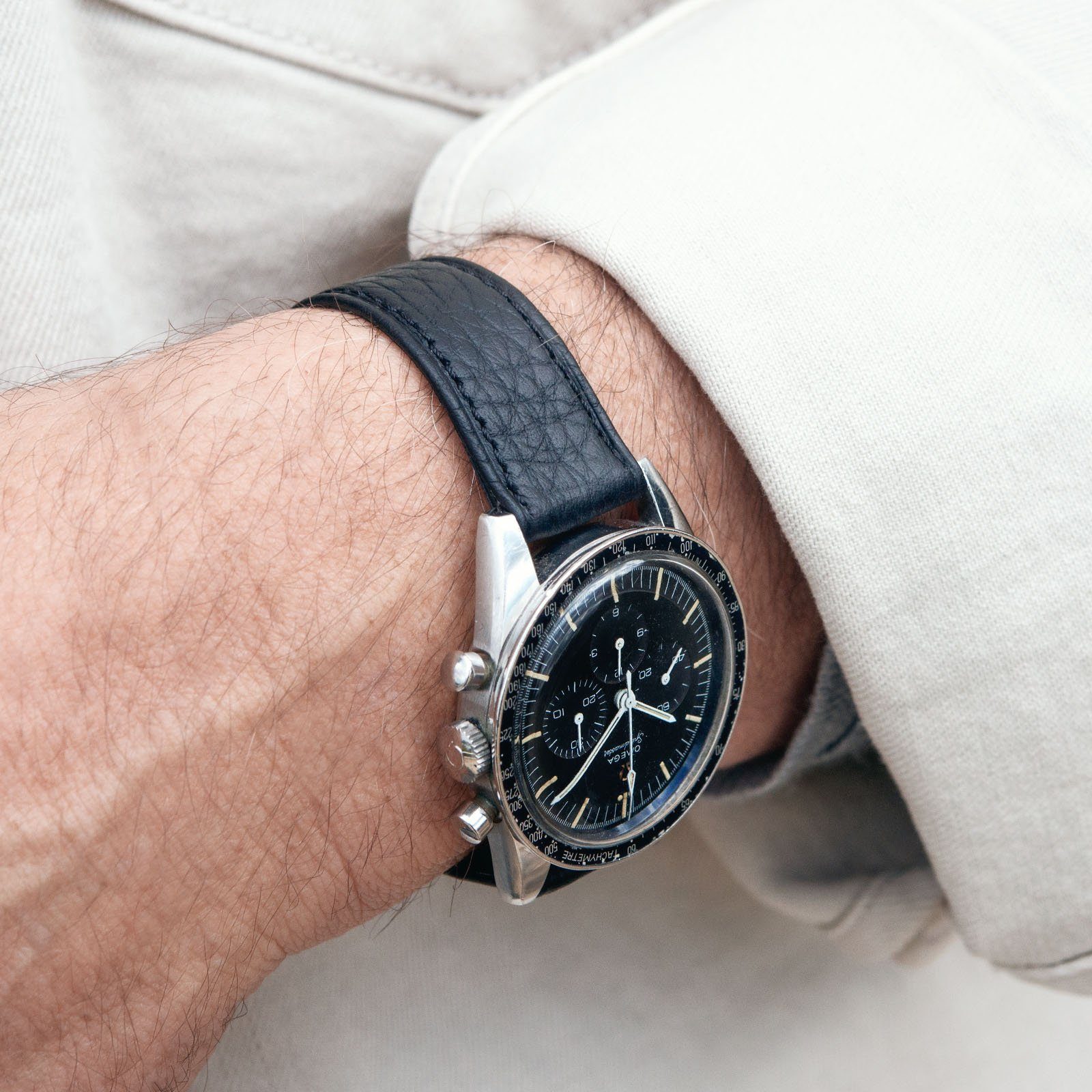 B&S Taurillon Black Speedy Leather Watch Strap on an Omega Speedmaster Ed White LR 12