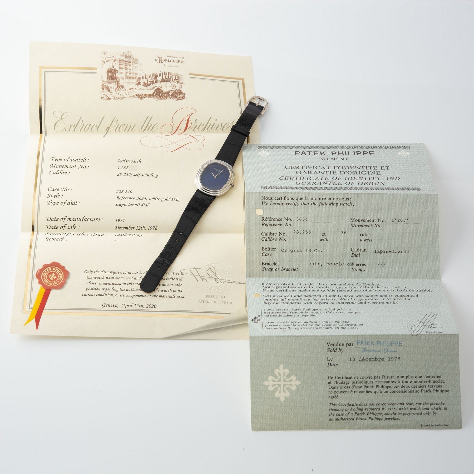 Patek Philippe Ellipse White Gold Lapis Dial Ref 3634 with Original papers and archive extract