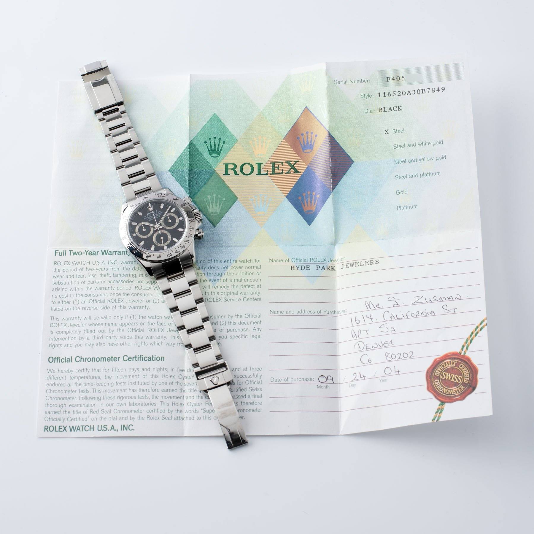Original papers Rolex Daytona Steel 116520 Black Dial Box and Papers  on Oyster bracelet