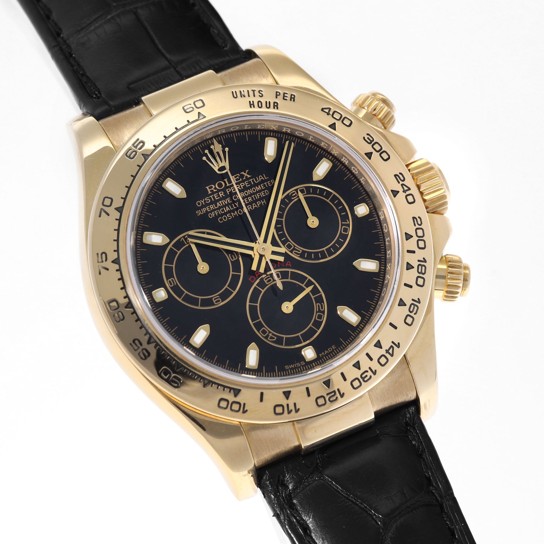 Rolex Daytona 116518 Gelbgold mit Schwarzem Zifferblatt auf Lederband