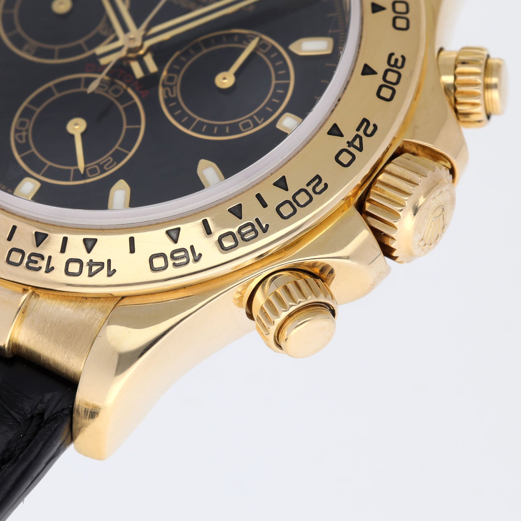 Rolex Daytona 116518 Gelbgold mit Schwarzem Zifferblatt auf Lederband