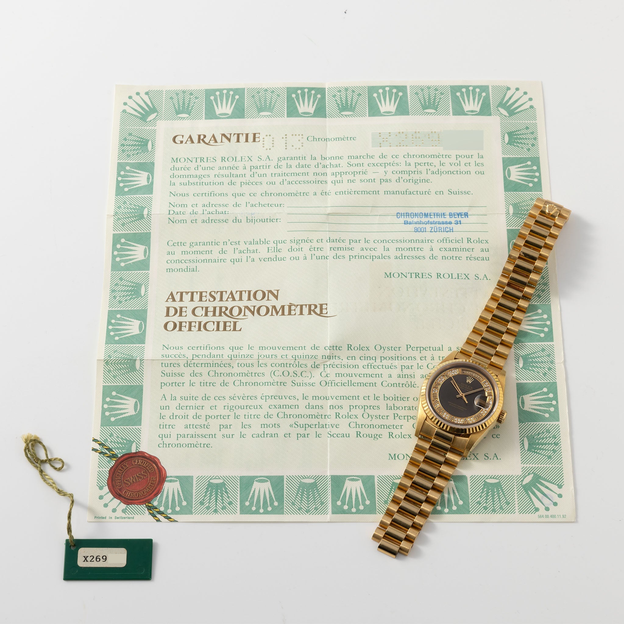 Rolex Day-Date 18238 Graues Myriad Zifferblatt mit Papieren