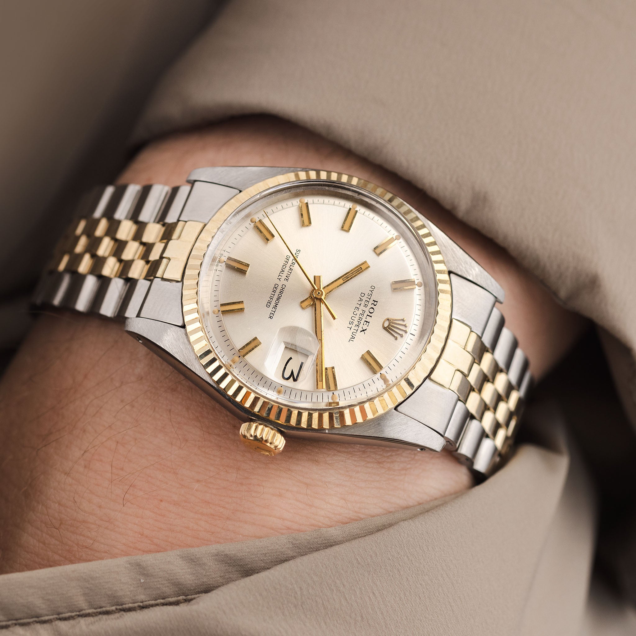 Rolex Datejust 1601/3 Silbernes Wide Boy Zifferblatt