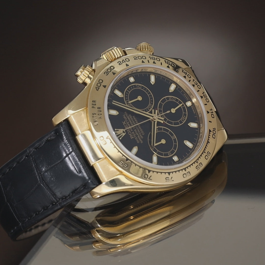 Rolex Daytona 116518 Gelbgold mit Schwarzem Zifferblatt auf Lederband