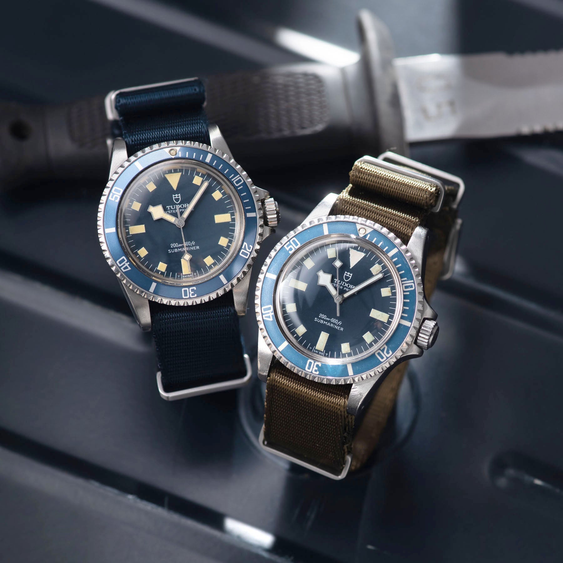 A Tale of Two Tudor Marine Nationale Submariners, Tudor 9401 MN78 and MN80 Blue Snowflake Submariner at Bulang and Sons. Original owner.