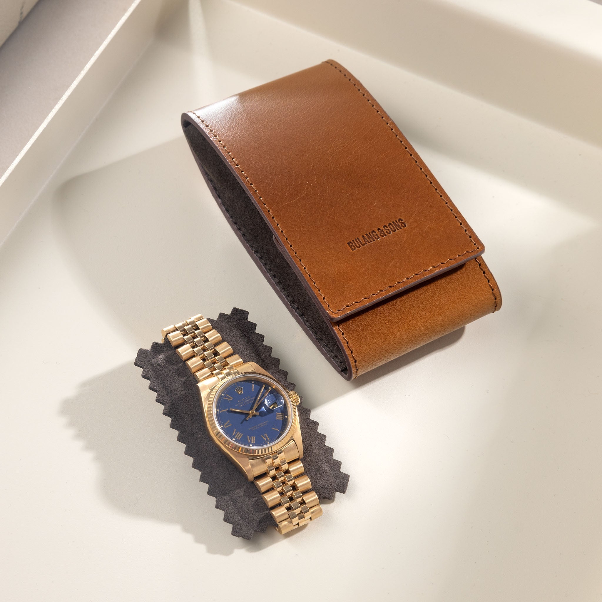 Handmade_Barenia_Brown_Watch_Pouch_For_Rolex_Datejust_Gold_Blue_Buckley_Dial