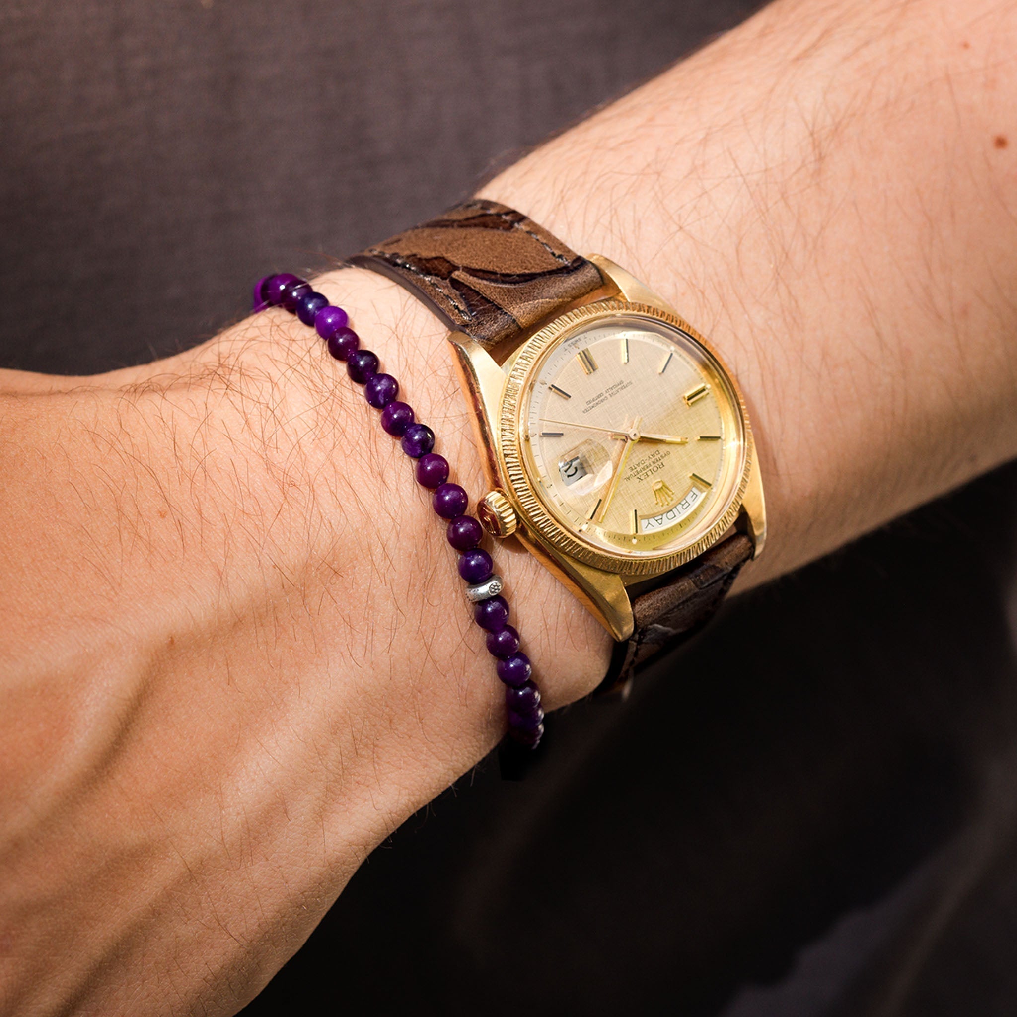unisex_purple_dyed_jade_Silver_beads_bracelet_Rolex_Day_date_1807_linen_dial