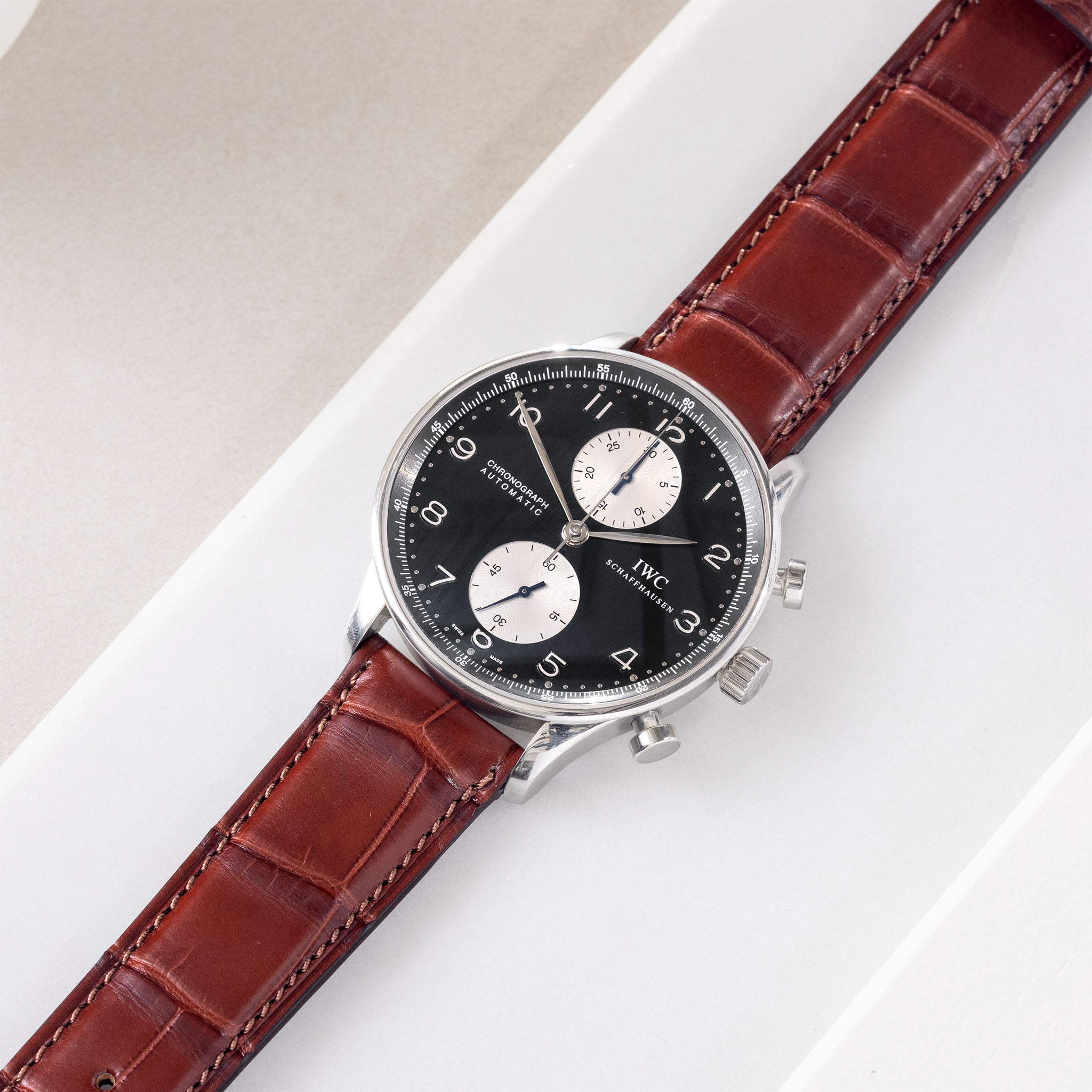 Brown_Alligator_Watch_Strap_For_IWC_Portugieser_Chronograph_Steel_IW371404_Black