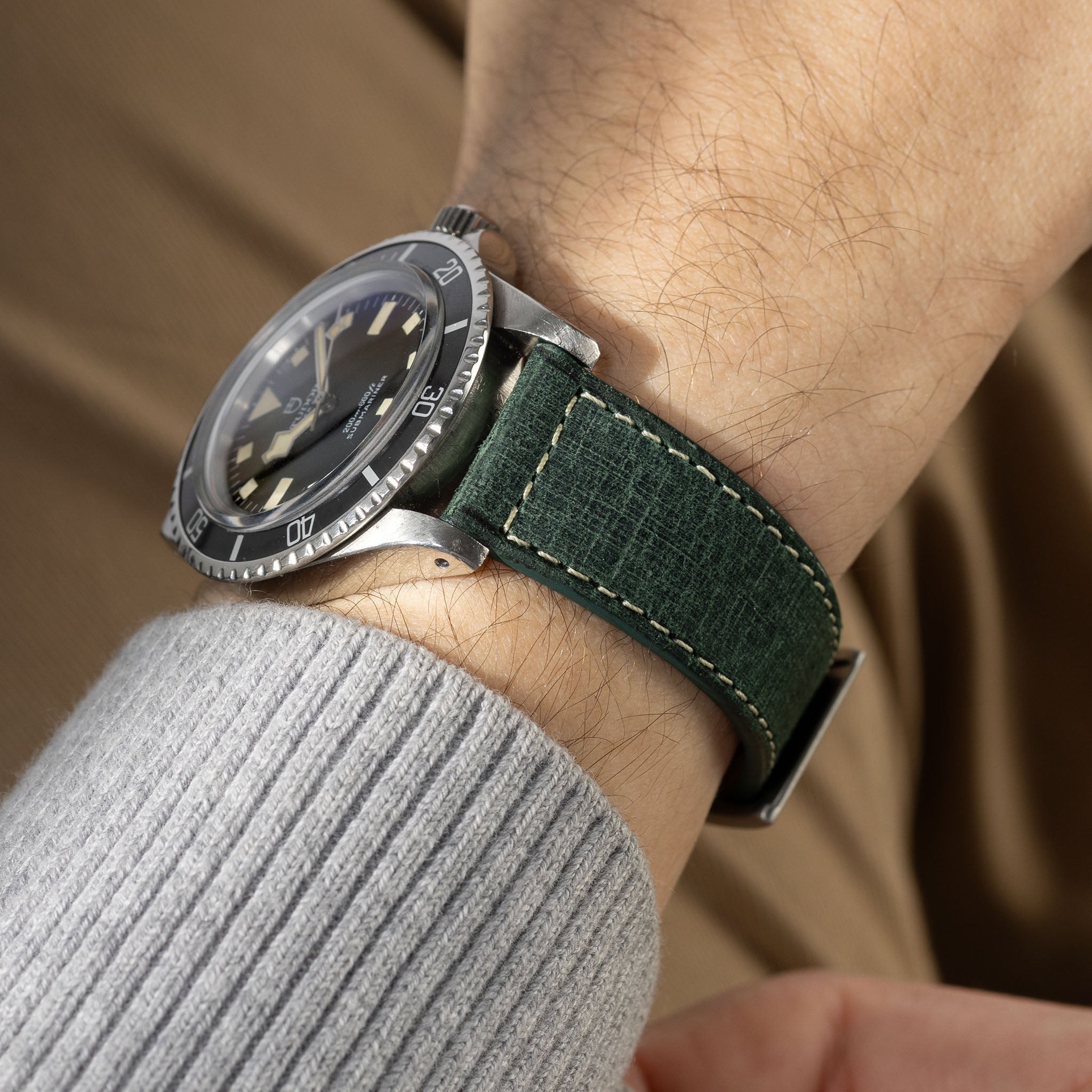 Linen Boxed Leather Watch Strap - Elegant Green