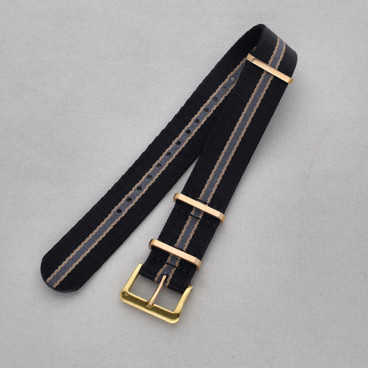 Sample Sale - Deluxe Nylon Single Pass Watch Strap Black and Gold One Stripe Grey - 20mm