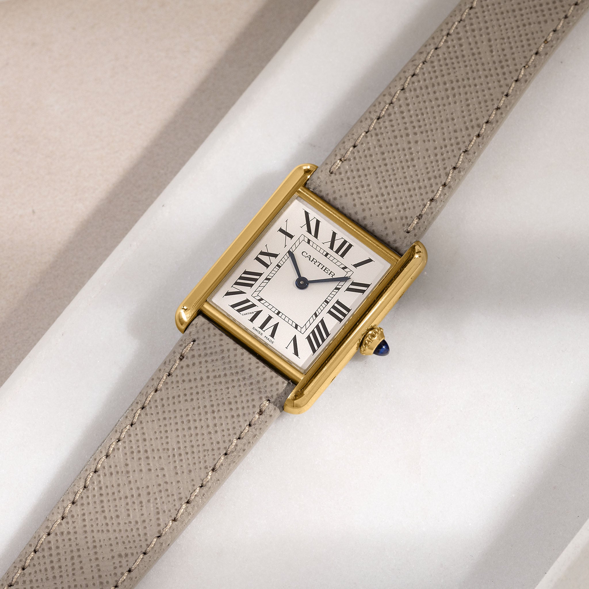 Saffiano Taupe Leather Watch Strap on Cartier Tank
