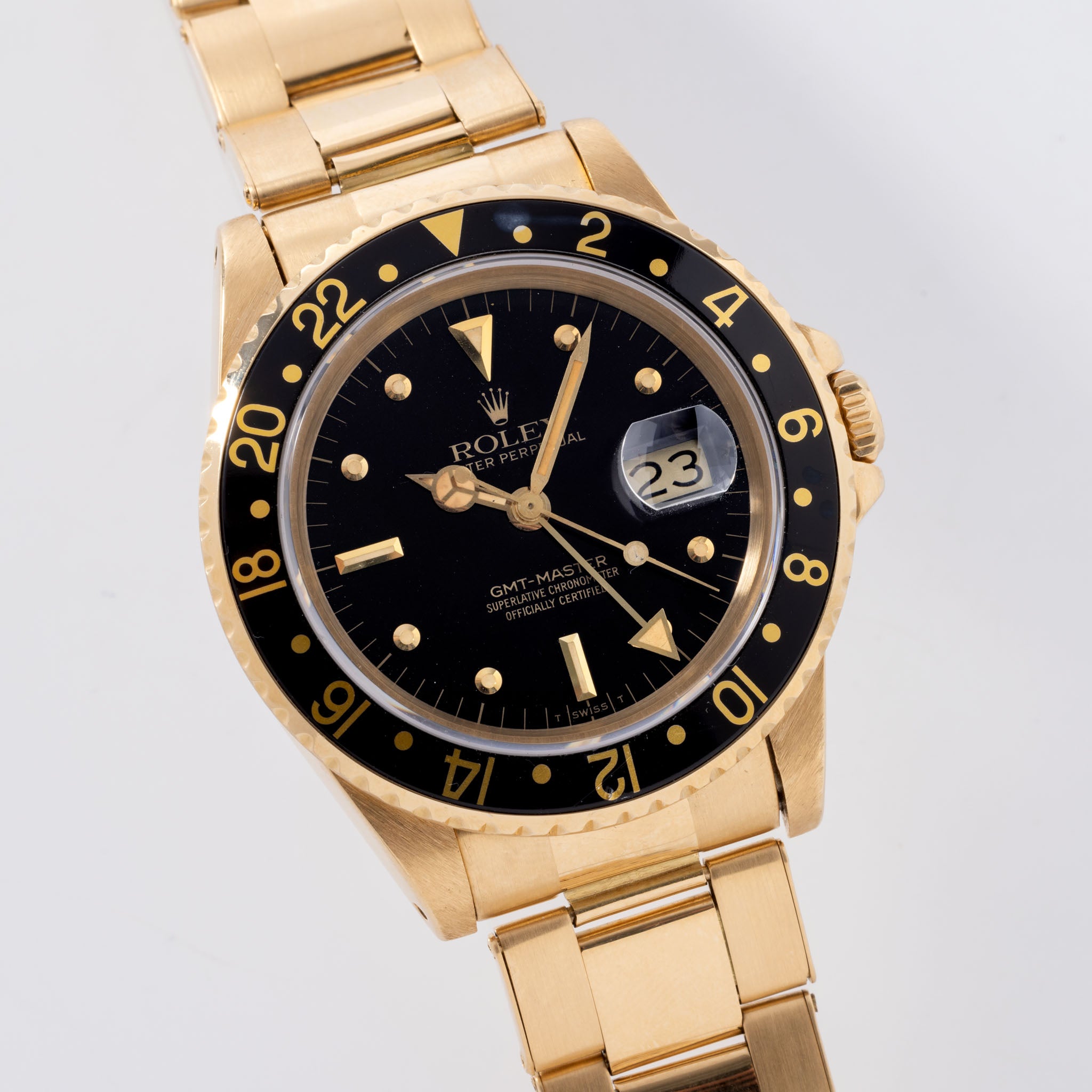 Rolex GMT-Master 16758 18 Karat Gelbgold schwarzes Nippel-Zifferblatt