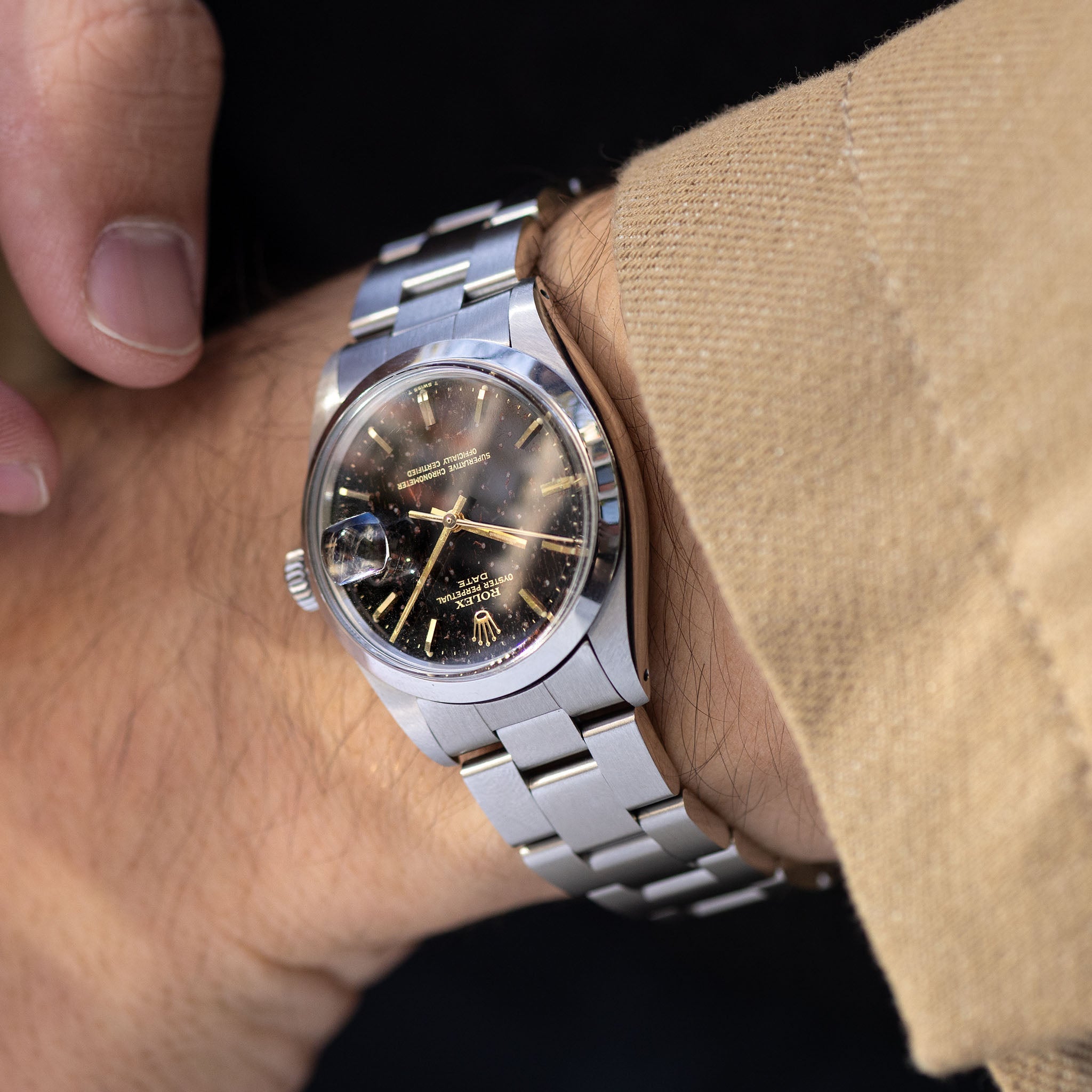 Rolex Oyster Perpetual Date 1500 Tropical Gilt Dial with Original Chronometer Paper