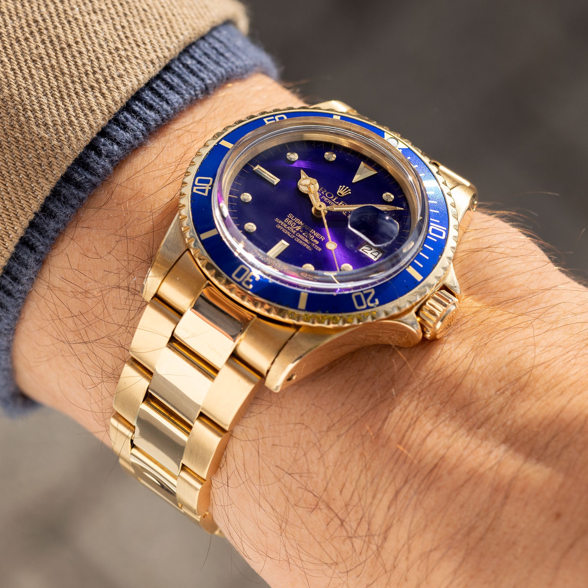 Rolex Submariner 1680/8 in 18k Yellow Gold with Blue "Nipple" Dial Turned Purple