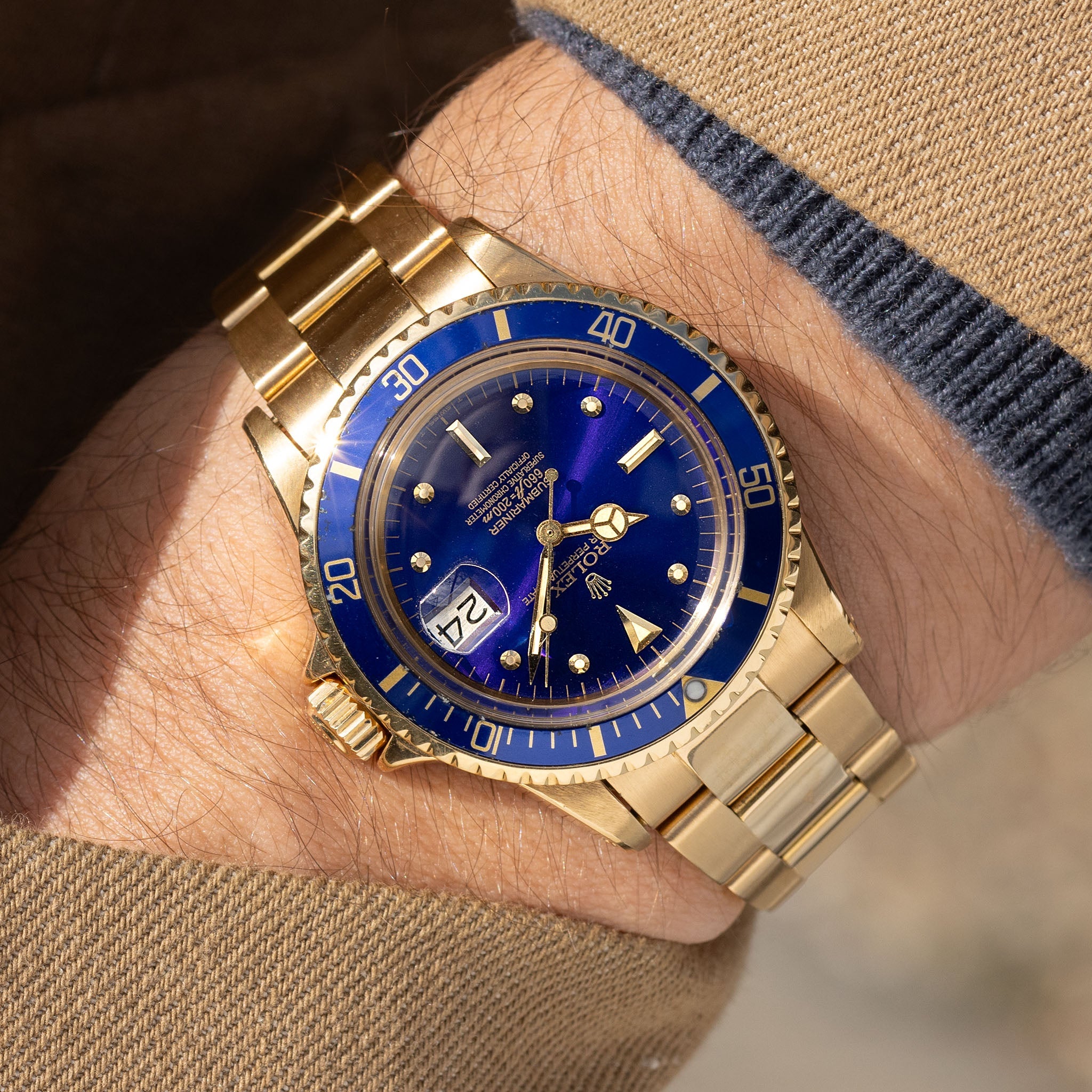 Rolex Submariner 1680/8 in 18k Yellow Gold with Blue "Nipple" Dial Turned Purple