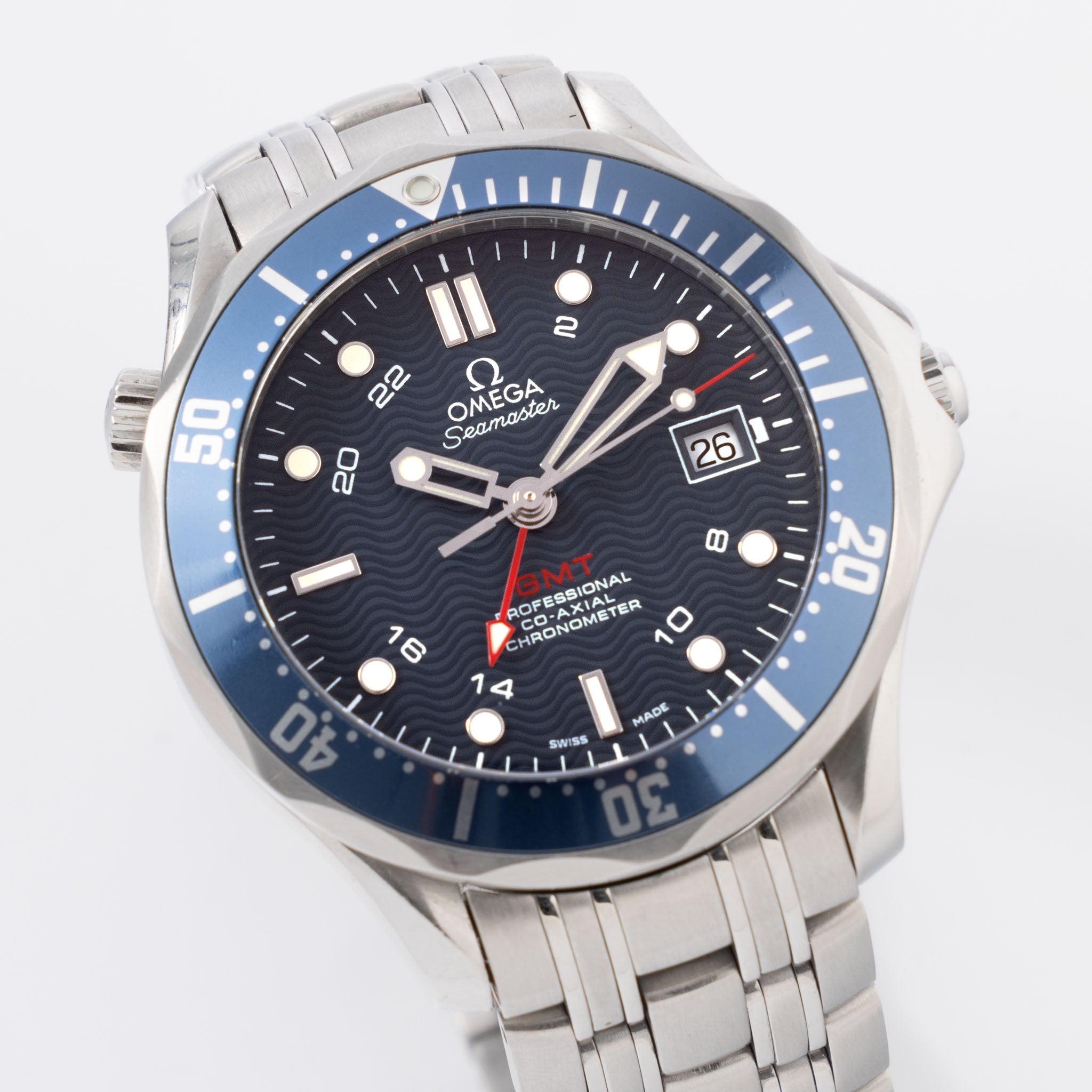 Omega Seamaster Blue "Wave" Dial GMT Ref. 25358000 Box and Papers Set with Two Bracelets